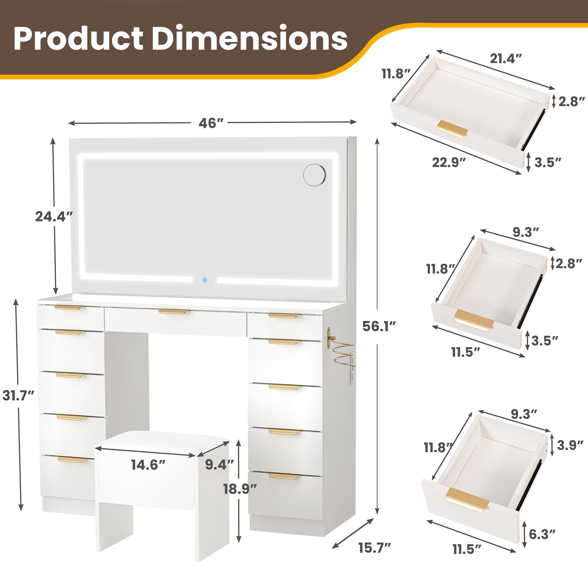 Fkhouse Glass Top Vanity Desk with Mirror and Lights, 11 Drawers Makeup Vanity with Stool, 3 Lighting Modes Dressing Table with Power Outlet, Golden Handles, White