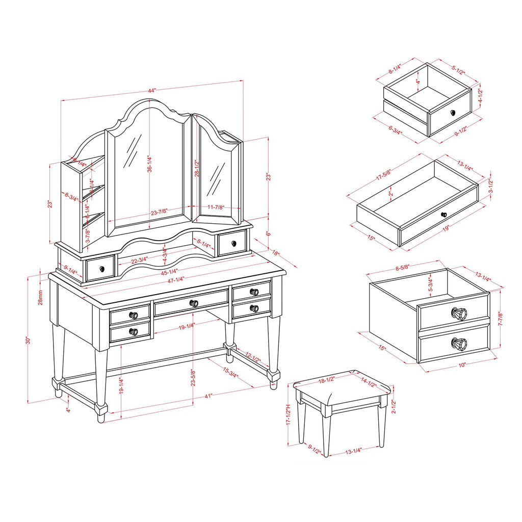 24/7 Shop at Home Nyx Traditional 3-Piece Wood 5 Drawers Makeup Vanity Table, Tri-Fold Mirror and Stool Set with Jewelry Storage, 7 Shelves, Padded Seat for Bedroom, Dressing Room, White and Gray