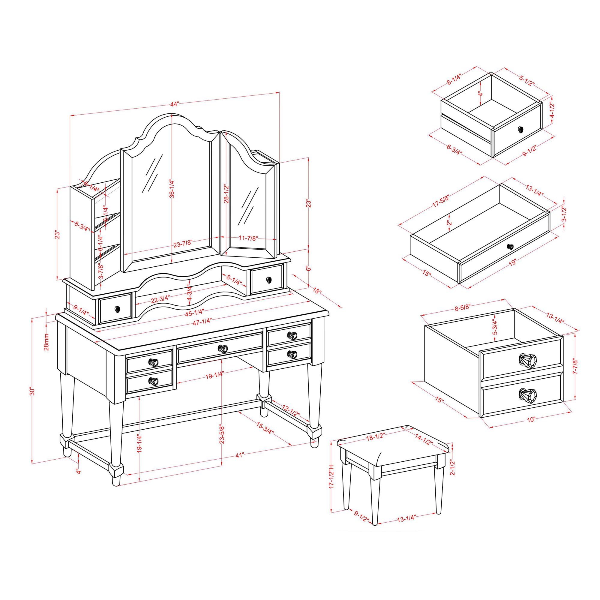 24/7 Shop at Home Nyx Traditional 3-Piece Wood 5 Drawers Makeup Vanity Table, Tri-Fold Mirror and Stool Set with Jewelry Storage, 7 Shelves, Padded Seat for Bedroom, Dressing Room, White and Gray