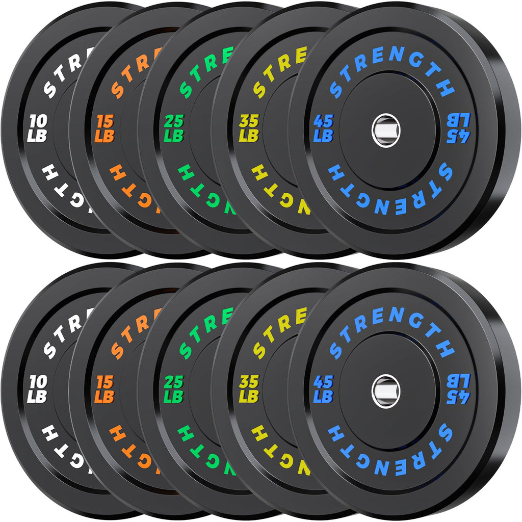 Rendpas 2-Inch Olympic Bumper Plates, 100% Virgin Rubber Low Bounce Barbell Weight for Home Gym Strength Training, 10lb-45lb Black with Color-Coded
