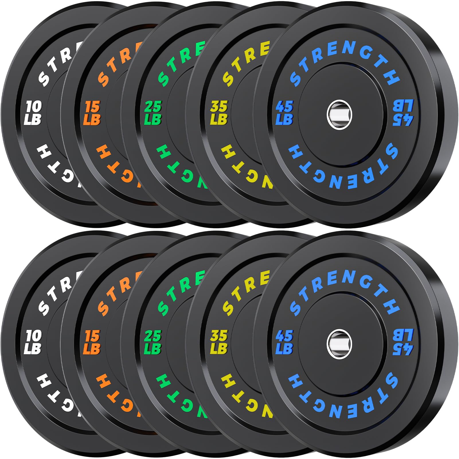 Rendpas 2-Inch Olympic Bumper Plates, 100% Virgin Rubber Low Bounce Barbell Weight for Home Gym Strength Training, 10lb-45lb Black with Color-Coded