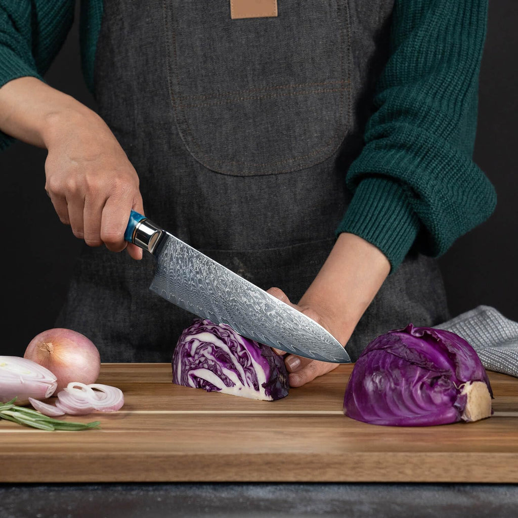 SENKEN 15-Piece Damascus Knife Block Set - "Tsunami" Collection Japanese Chef Knife Set - 67-Layer Japanese VG10 Steel Blades, Includes Chef Knife, Cleaver, 6 Steak Knives (Blue)