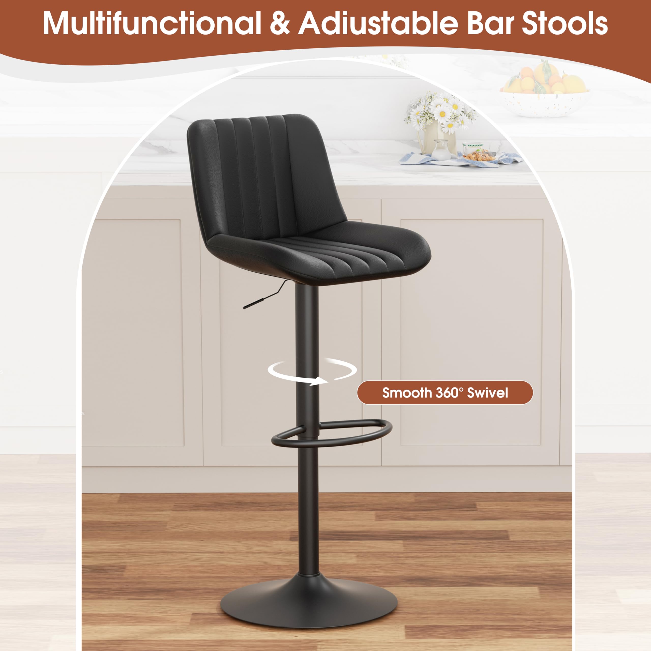 JAMFLY Modern Leather Bar Stools – Swivel & Height-Adjustable Bar Chairs with Footrest, Ergonomic Design for Kitchen Island, Home & Commercial Bar – Set of 6, Black