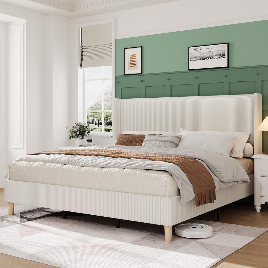 GarveeLife King Size Corduroy Upholstered Bed Frame, 50.4" Wingback Headboard with Sponge Padding, Wooden Slats Support, Noise‑Free, No Box Spring Needed, Beige