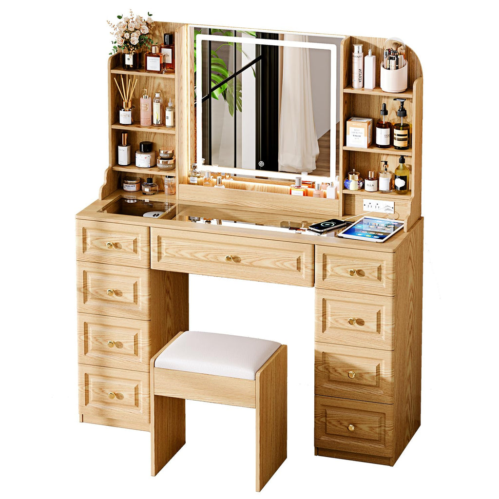 Arulvmrn 43" Makeup Vanity Desk with Mirror and Lights, & Power Outl, Glass Top Big Vanity Table with 9 Drawers& 8 Storage Shelves, Dressing Table Set with Chair for Bedroom, Wood