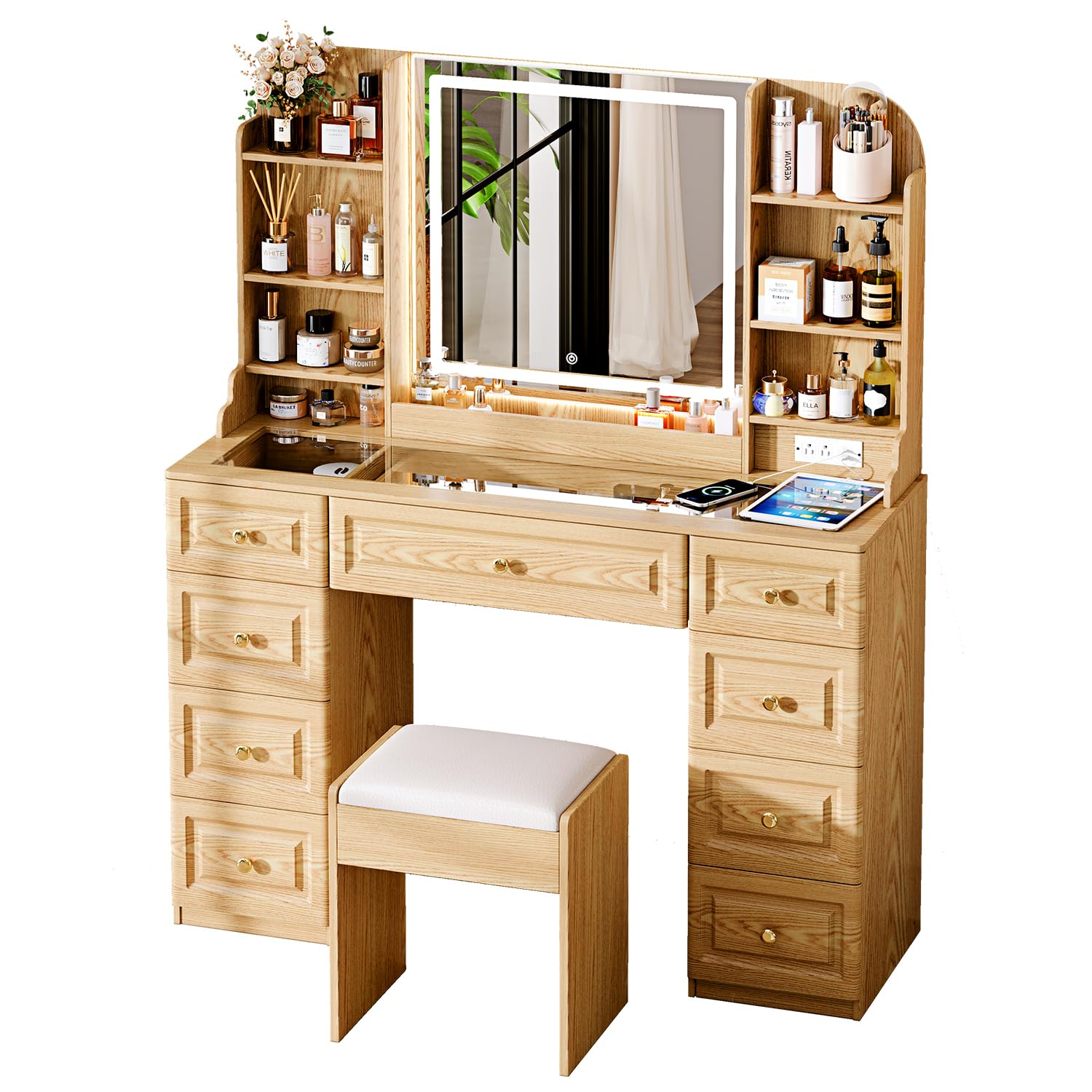 Arulvmrn 43" Makeup Vanity Desk with Mirror and Lights, & Power Outl, Glass Top Big Vanity Table with 9 Drawers& 8 Storage Shelves, Dressing Table Set with Chair for Bedroom, Wood