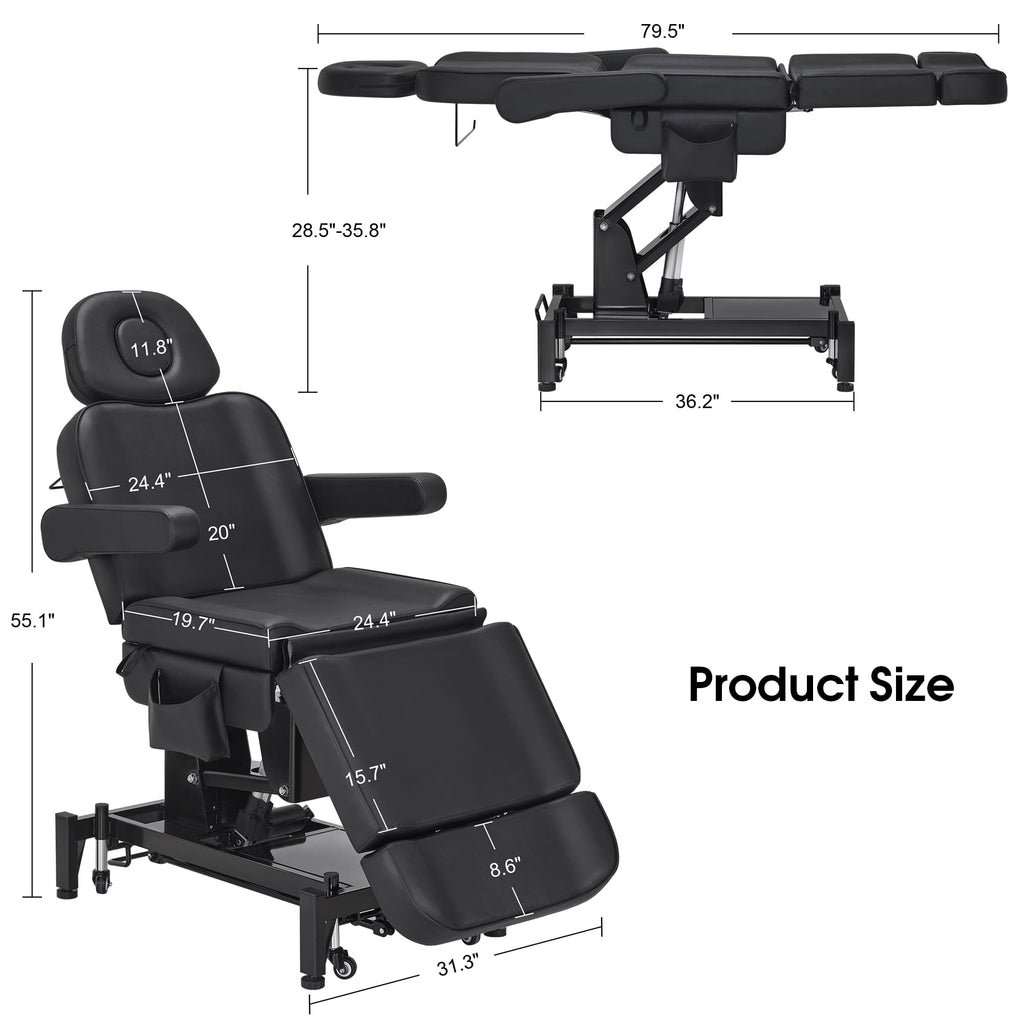 BarberPub Fully Electric Beauty Bed, 3-Motor Salon Spa Chair with Foot-Controlled Wheels, Adjustable Height, Backrest & Leg Rest – PVC Leather, Professional Facial & Treatment Table 2754 (Black)