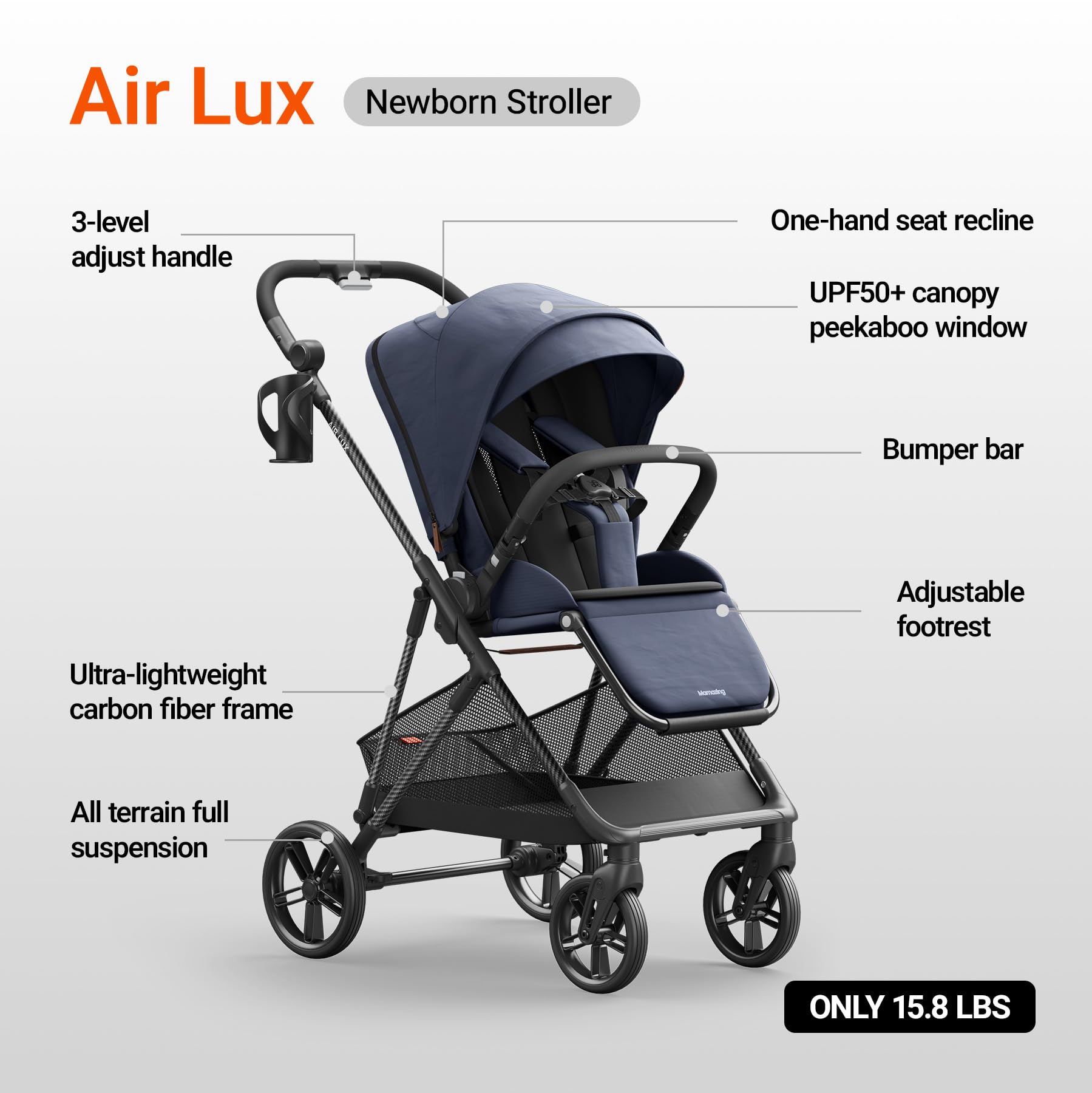 MAMAZING Air Lux Baby Stroller, Carbon Fiber Frame Only 15.8lbs, Compact Fold Toddler Stroller with Reversible Seat with Infant Insert, Included UPF 50+ Canopy, Large Storage Basket & Car Seat Adapter