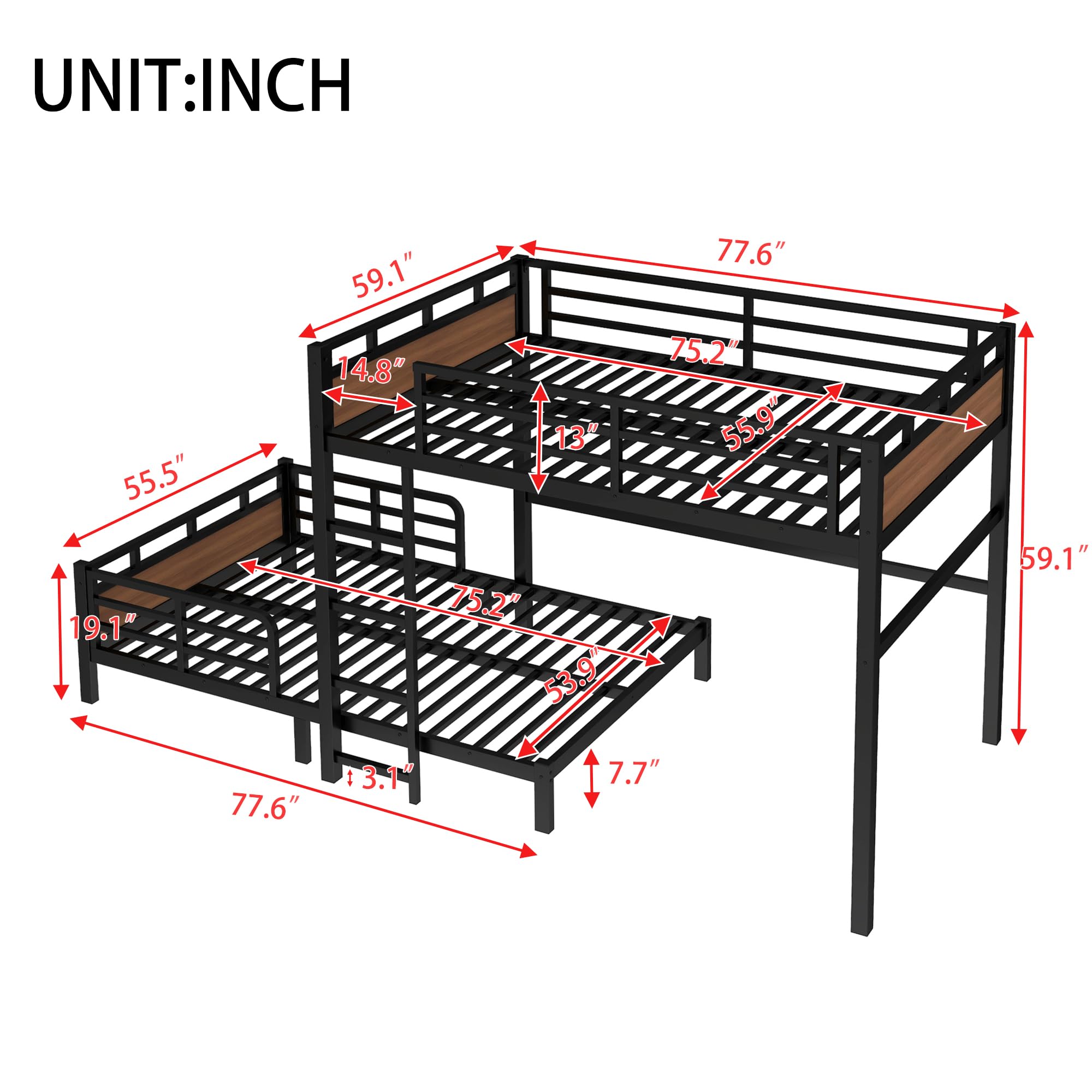Bellemave Detachable Bunk Bed Full Over Full, Metal Bunk Bed with Guardrails, Full Size Loft beds for Kids, Teens & Adults（Walnut Color）