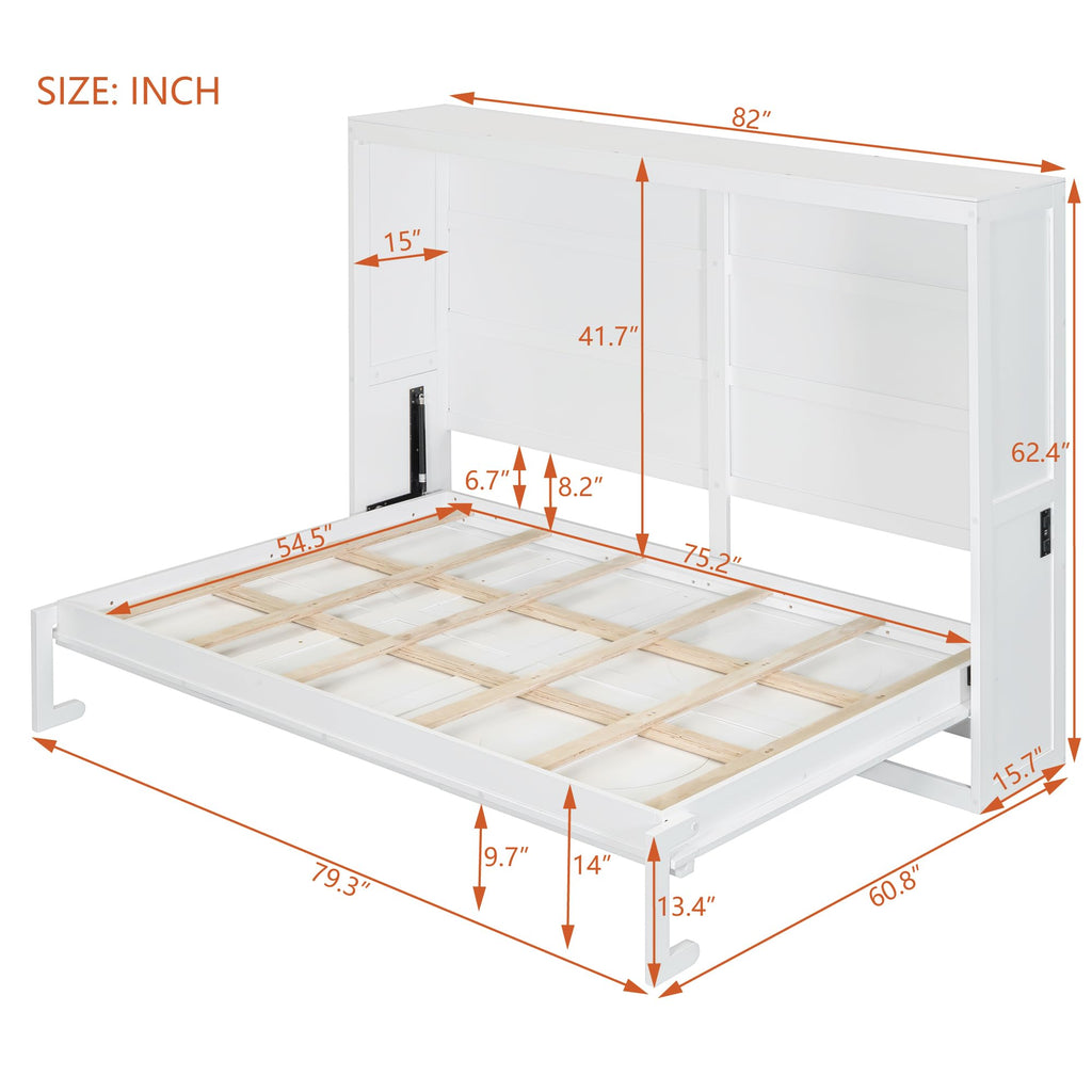 Ball & Cast Murphy Bed Full Size Wall Chest with Charging Station and Slat Support,Wood Hideaway Cabinet Platform Bedframe w/Leg,can be Folded,Space-Saving,for Small Room,Dorms,White
