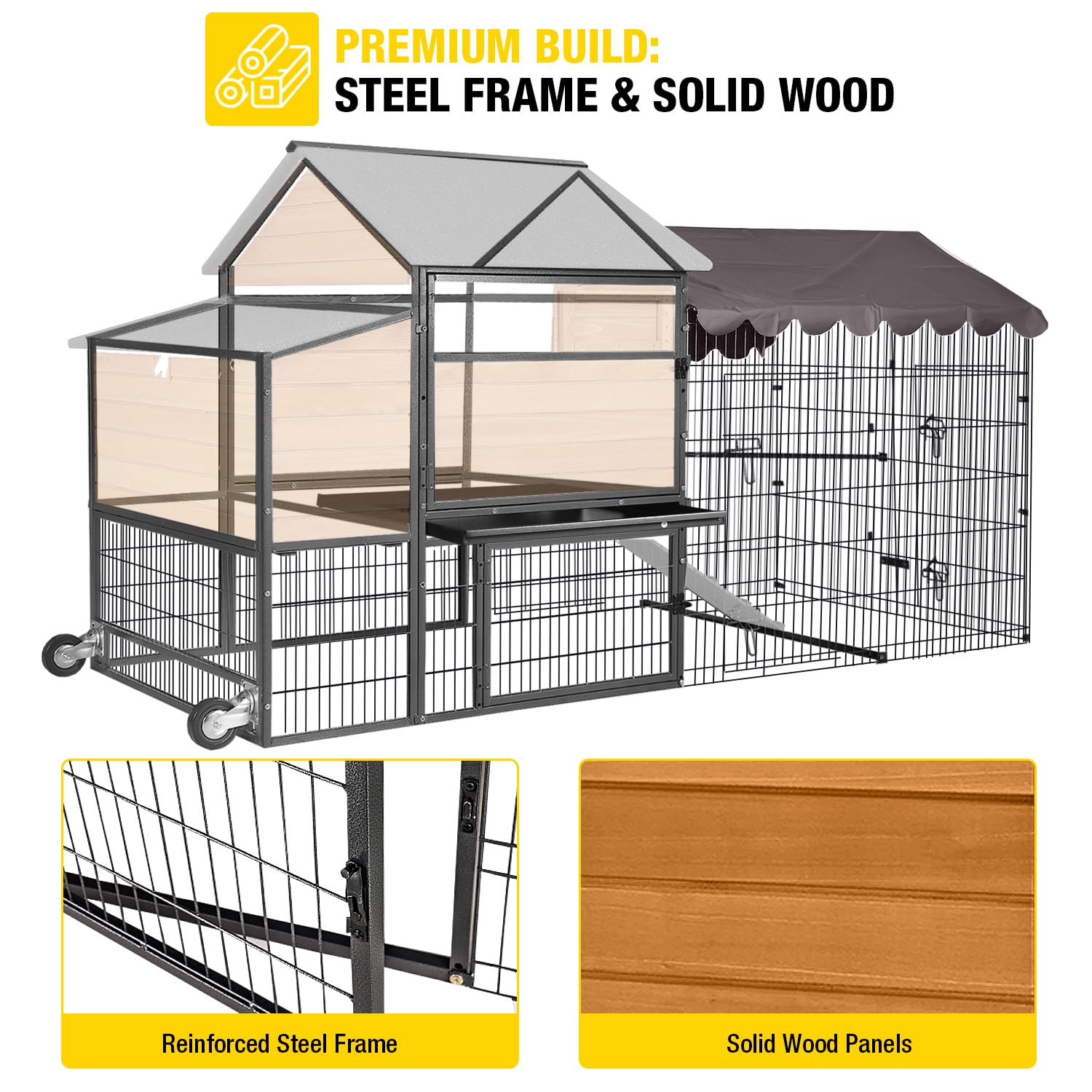 Large Chicken Coop for 4-6 Chickens, All-Steel Frame Hen House Poultry Cage with Waterproof Cover, Nesting Box & Metal Run