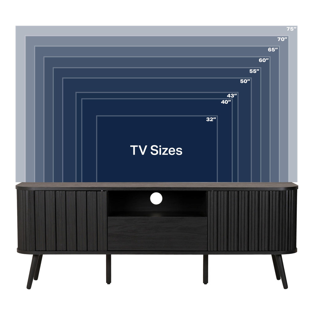 JONATHAN Y Damien 70" Mid-Century Fluted Wood TV Stand for TVs up to 75 Inch, Entertainment Center with Soft-Close Doors and Drawer, Media Console for Living Room, Black TVS1001C