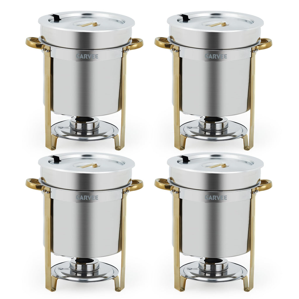 GarveeHome 11QT Round Soup Chafer Sets of 4, Commercial Soup Warmer with Pot, Notched Lids & Fuel Holders, Stainless Steel Food Warmer for Buffets Parties Wedding Banquets Catering, Gold