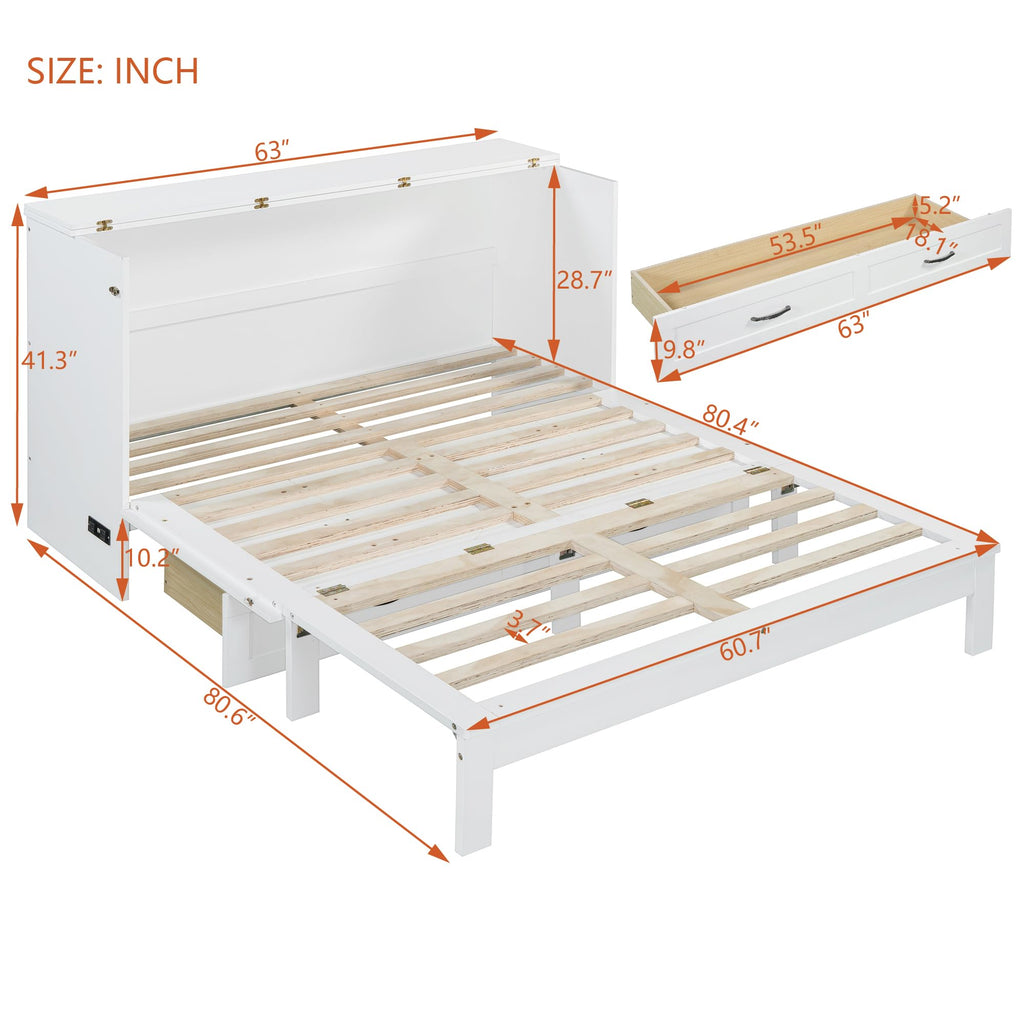 Ball & Cast Murphy Bed Queen Size Bedroom Folding Wall Cabinets Frame with Large Drawer and USB Ports,Hideaway Bed w/Tri-Fold Mattress Design,for Guest Room,Study,Office,White
