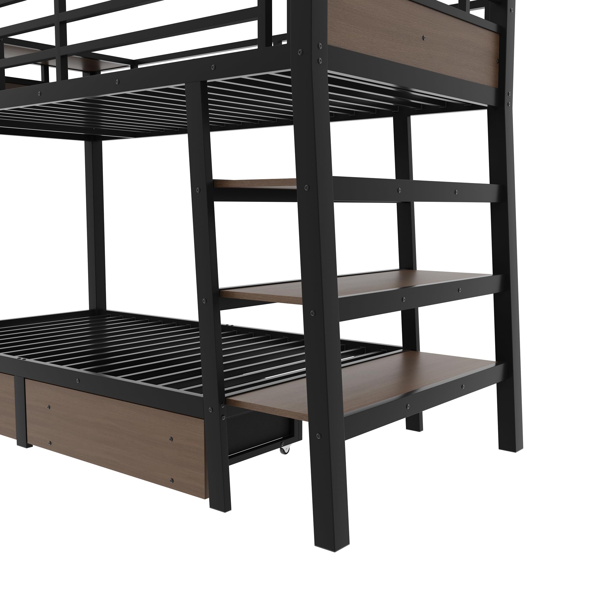 Bellemave Twin Size Bunk Bed with Storage Drawers and 3-Tier Shelves, Twin Bunk Bed with Charging Station and Lights, Heavy Duty Metal Bunk Beds for Teen, Adults