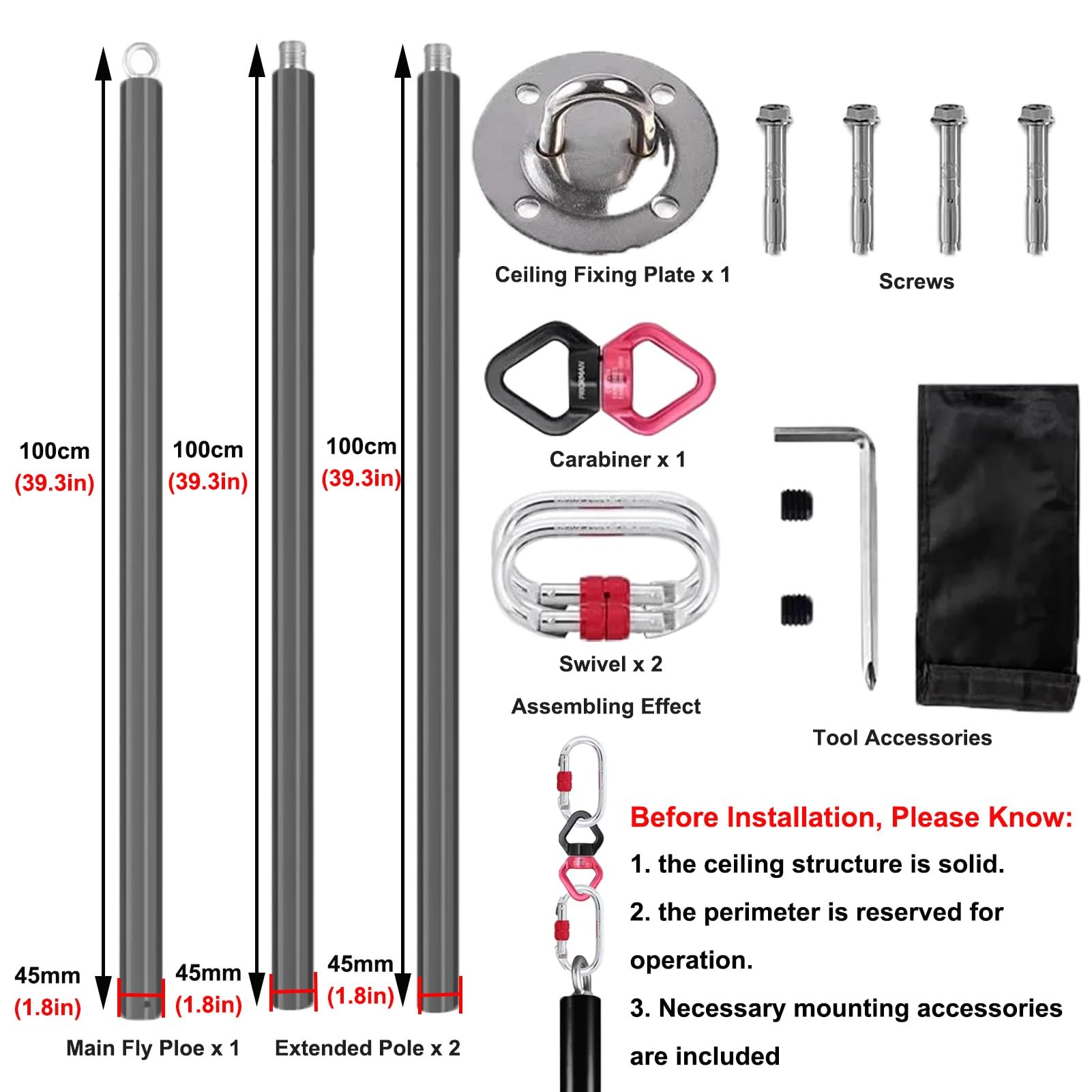Minglez 6.6 ft / 9.8 ft Flying Pole for Aerial Dance, Portable Stripper Dancing Pole for Exercise, Professional Suspension Fitness Tube for Pub/Apartment(Black,3.0m/9.8ft)