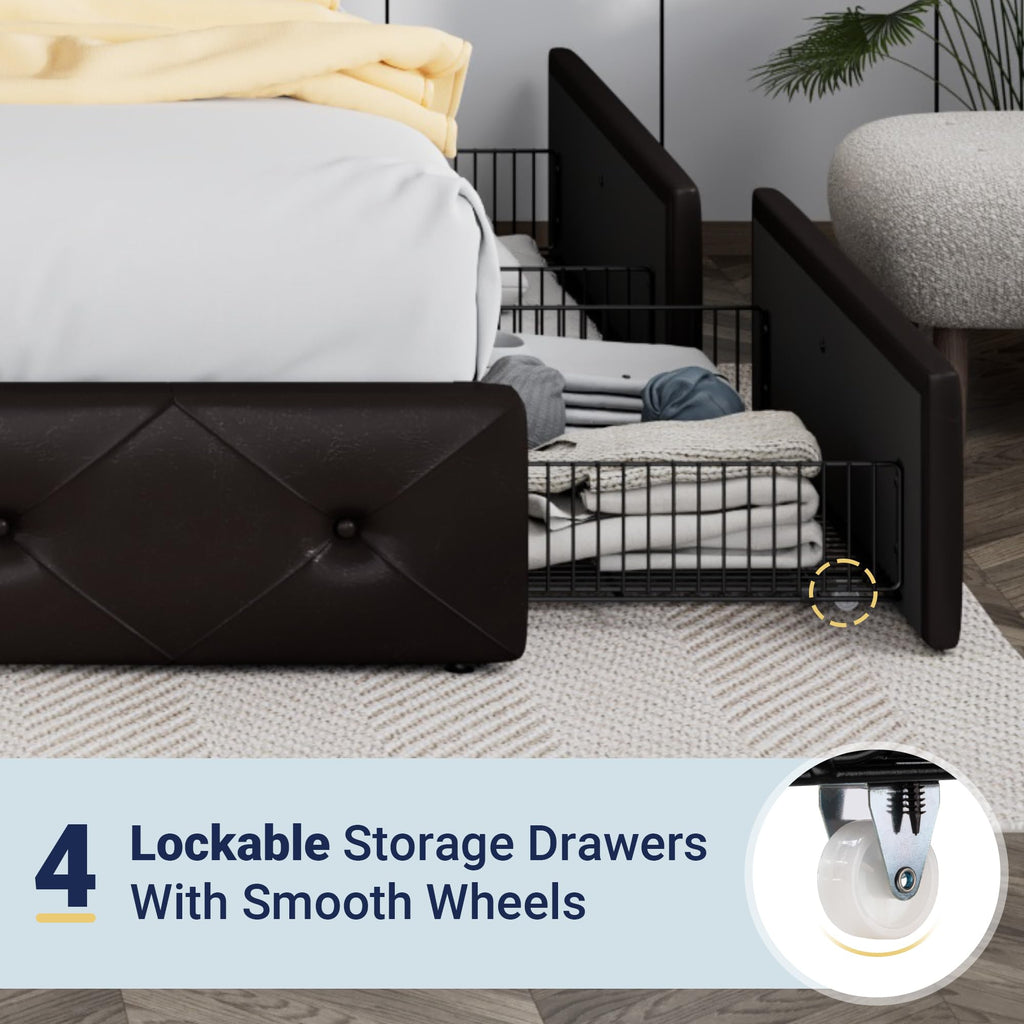 Allewie Upholstered King Size Platform Bed Frame with 4 Storage Drawers and Headboard, Diamond Stitched Button Tufted, Mattress Foundation with Wooden Slats Support, Black Brown