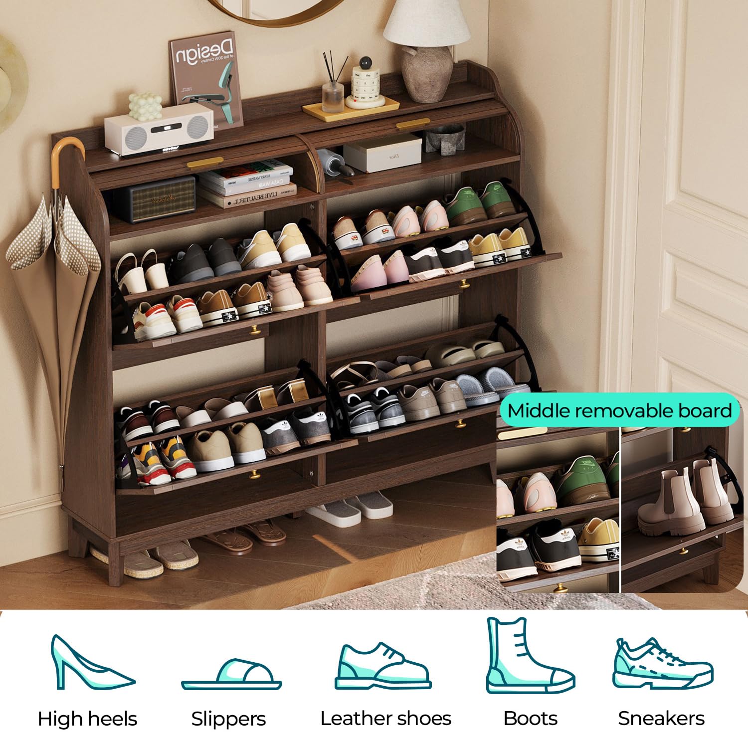 LINSY Shoe Storage Cabinet, Rattan Shoe Cabinet Flip Drawer Shoes Rack Cabinet with Sliding Tambour Door, Large Shoe Cabinets Mid Century Modern Hidden Shoe Storage Organizer for Entryway, Walnut