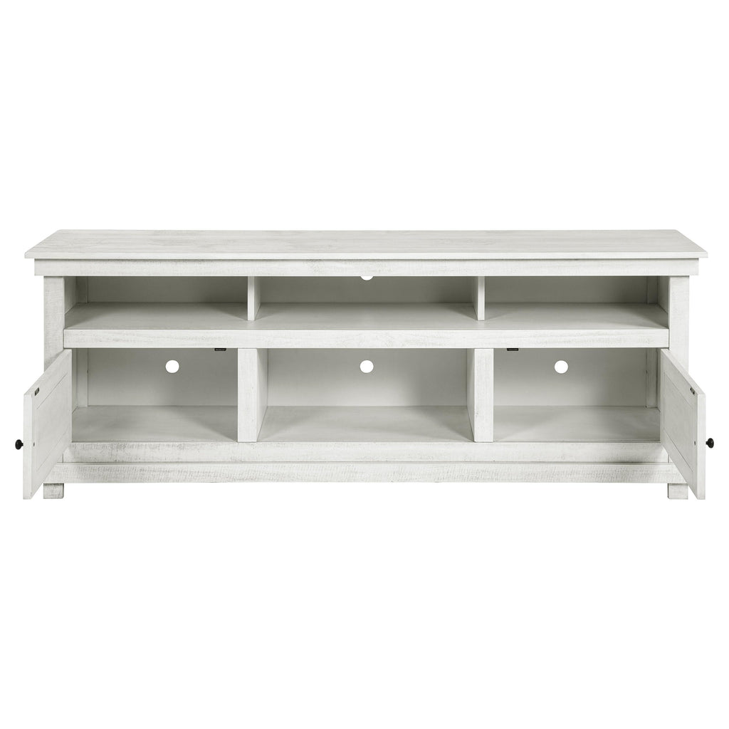 Coaster Home Furnishings - Payne - Wood - TV Stand with Two Door Cabinets, Open Shelves, Six Compartments and Farmhouse Style - Living Room - 70-Inch - Distressed White - 710053