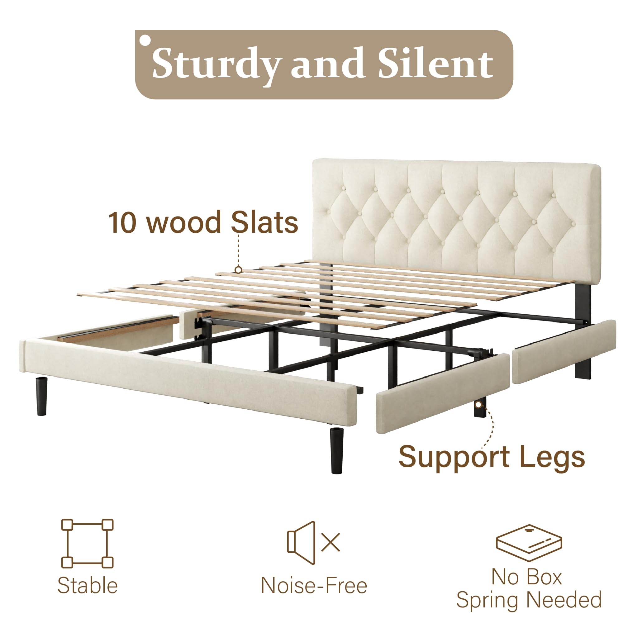 CXVX King Size Bed Frame with Upholstered Headboard, Button Tufted Design, Strong Wooden Slats, No Box Spring Needed, Easy Assembly, Noise Free