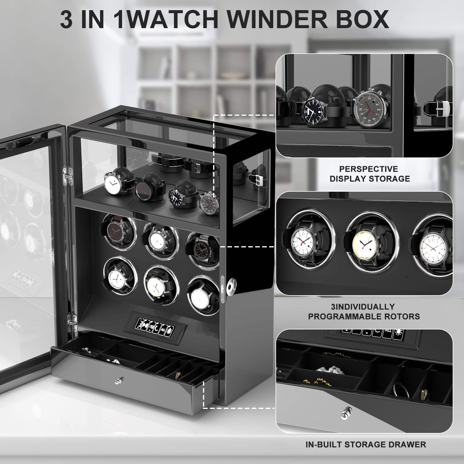 DUKWIN Watch Winder, Fingerprint Lock Automatic Watch Winder for 6 Watches with 4 Holders,300-2300 TPD,Digital Display, Remote Control,Jewelry Storage and Adjustable Watch Pillow and LED Light,Black