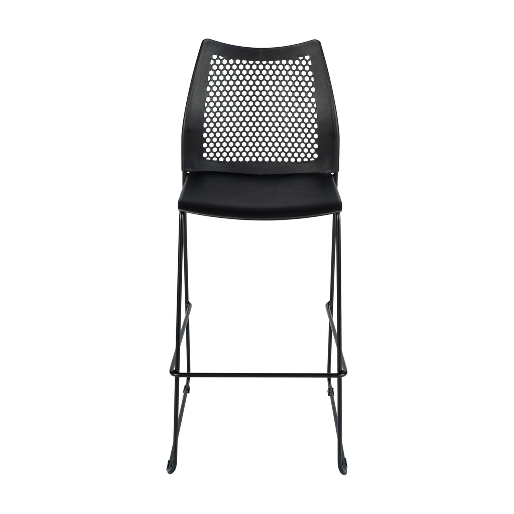 Flash Furniture Hercules Stacking Bar Height Stool with Vented Backrest and Black Powder Coated Steel Sled Base with Integrated Footrest, Commercial Portable Stool, Set of 3, Black