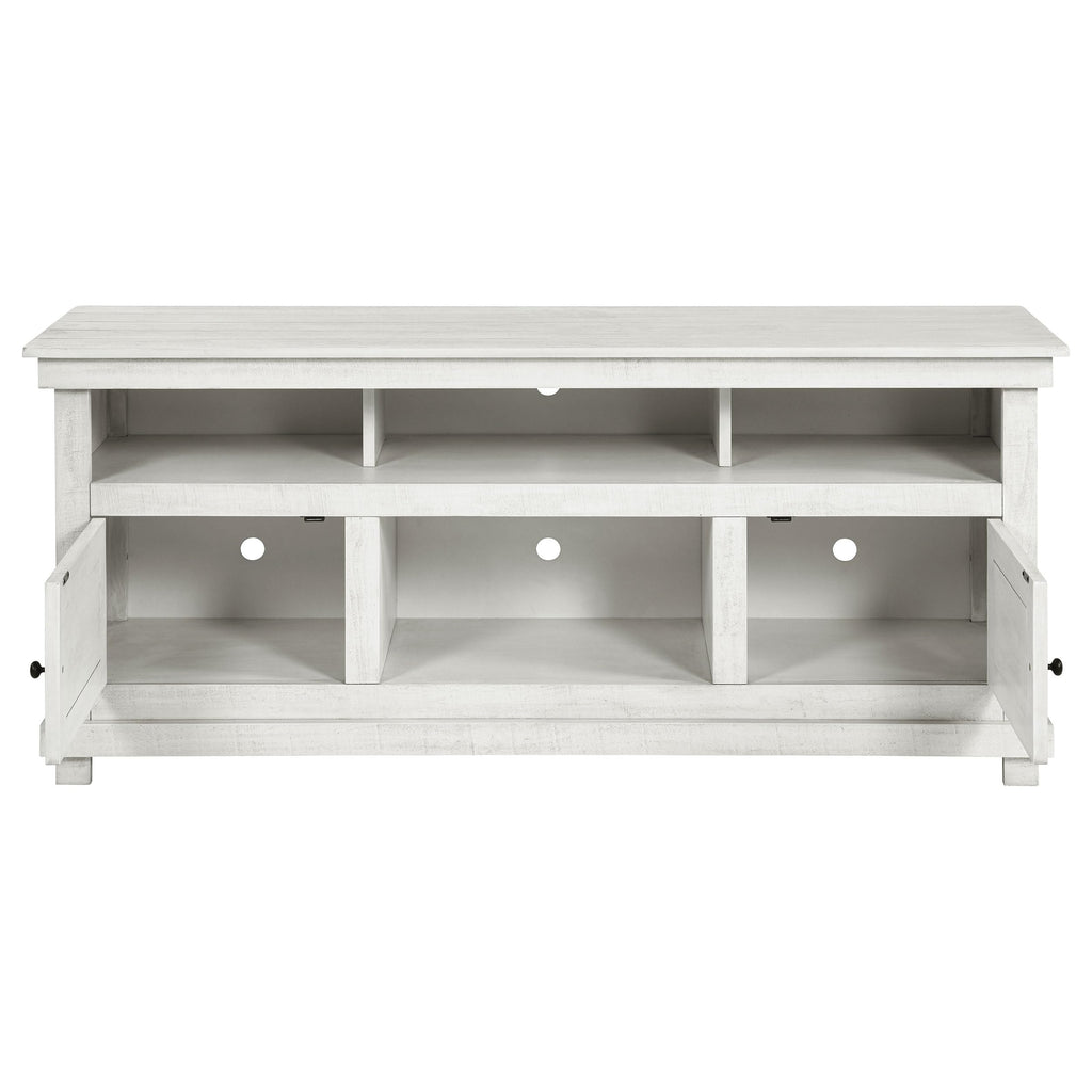 Coaster Home Furnishings - Payne - Wood - TV Stand with Two Door Cabinets, Shelves, Roughhewn Details and Farmhouse Style - Living Room - 60-Inch - Distressed White - 710052