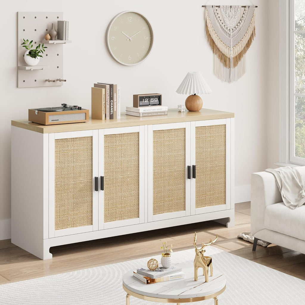 GarveeHome 60 in Farmhouse Rattan Buffet Cabinet - 4-Door Woven Storage Sideboard with Adjustable Shelves, Kitchen Console Table for Dining Room & Living Room Entryway (White & Brown)