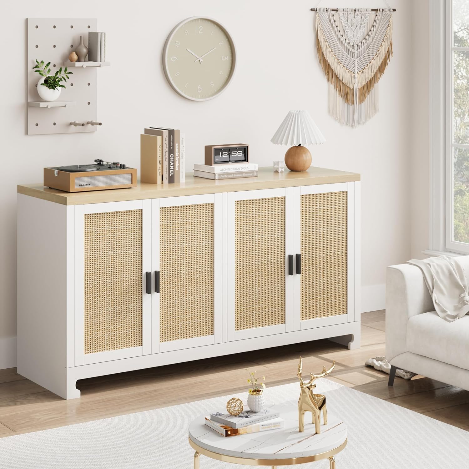 GarveeHome 60 in Farmhouse Rattan Buffet Cabinet - 4-Door Woven Storage Sideboard with Adjustable Shelves, Kitchen Console Table for Dining Room & Living Room Entryway (White & Brown)