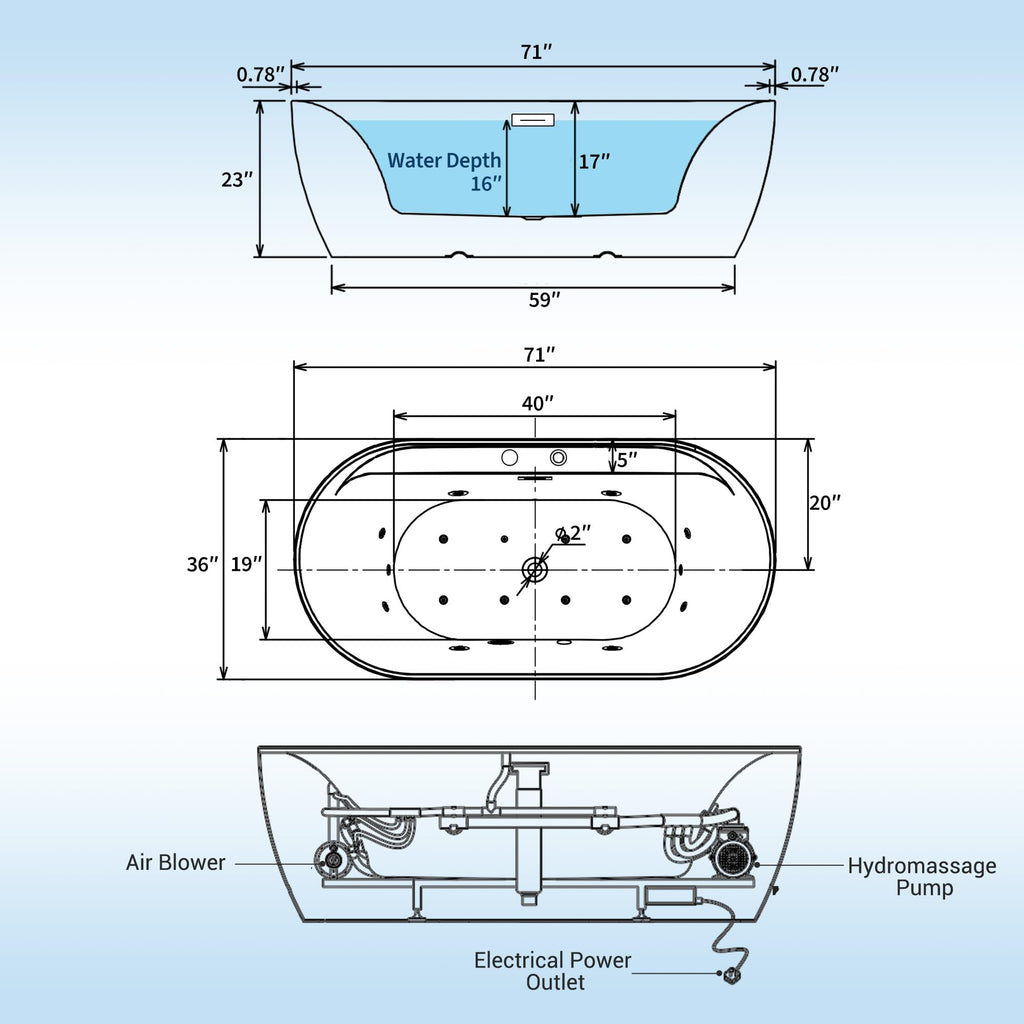 Water Therapy Freestanding Bathtub 71 inch Acrylic Massage Spa Tub with Heating System, Bubble Jets and Digital Control Panel for Bathroom Upgrade and Relaxation