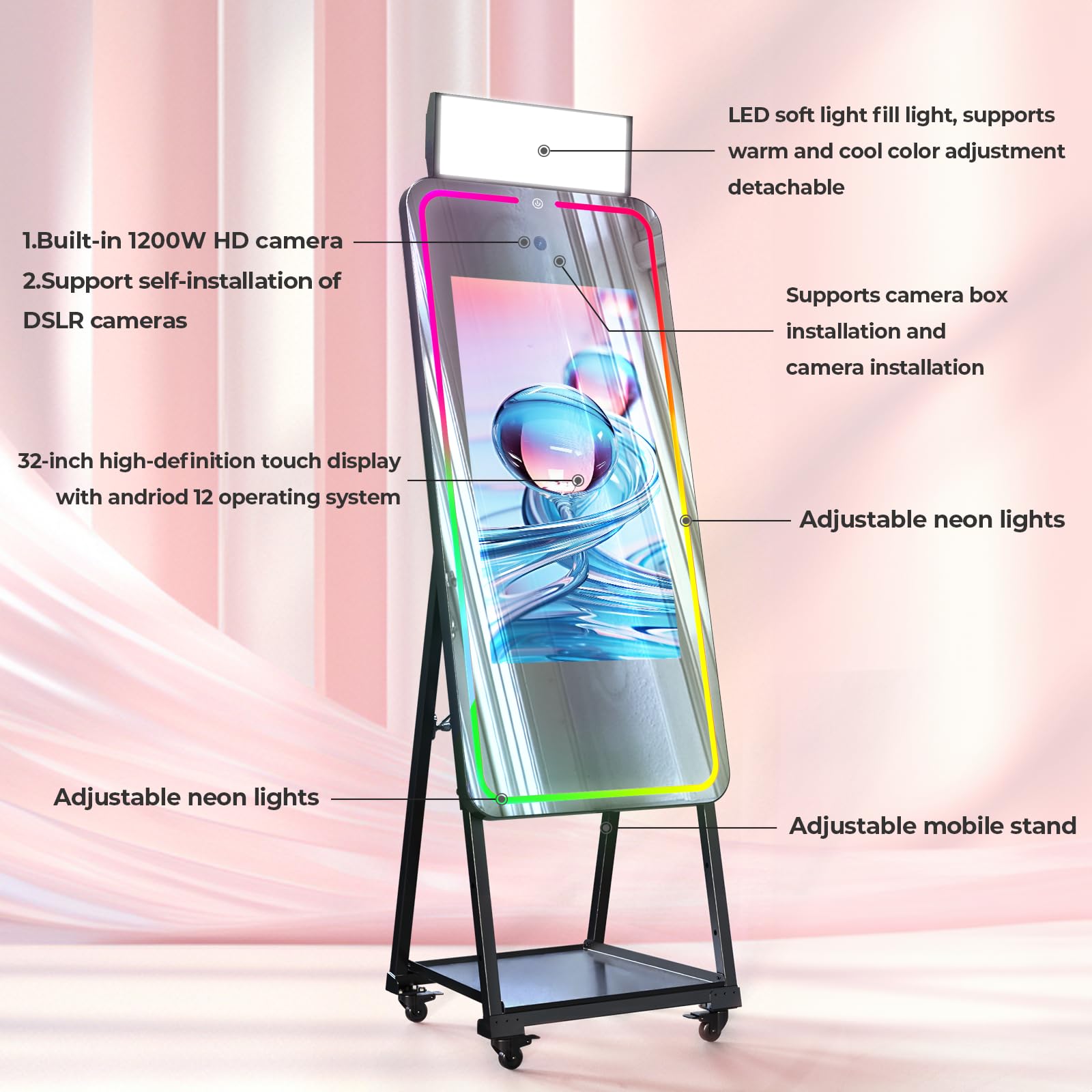MWE Magic Mirror Photo Booth Machine Touch Screen with Printer,12MP 4K HD Camera,RGB Surround Light Music Sync,Professional Photography Light,Dual System,Software APP Remote Control (47in+Printer)