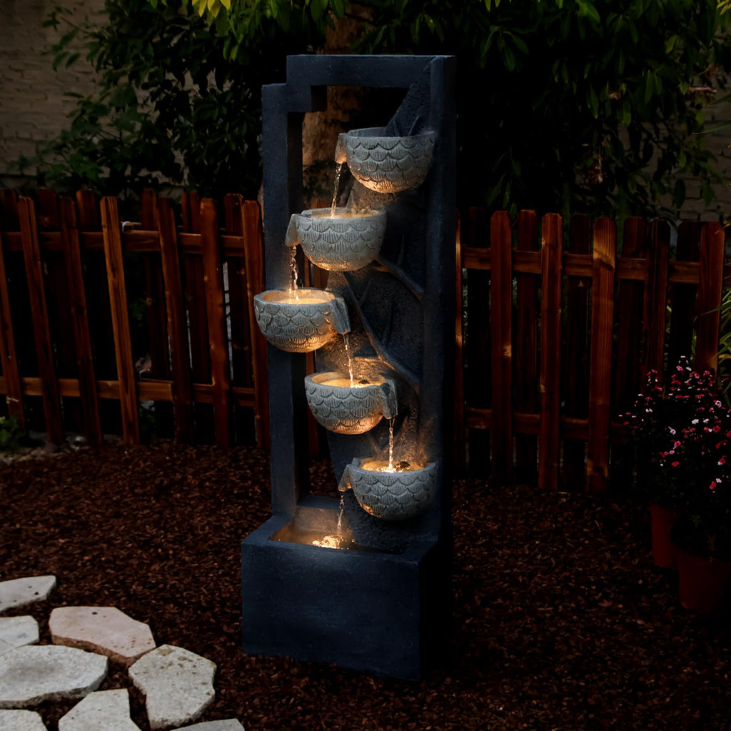 49.61’’H Waterfall Garden Fountain Outdoor 6-Tiered Modern Floor Standing Water Fall Fountains Indoor Cascading Bowl Water Feature with LED Lights Natural Stones for Living Room Office Home Decor