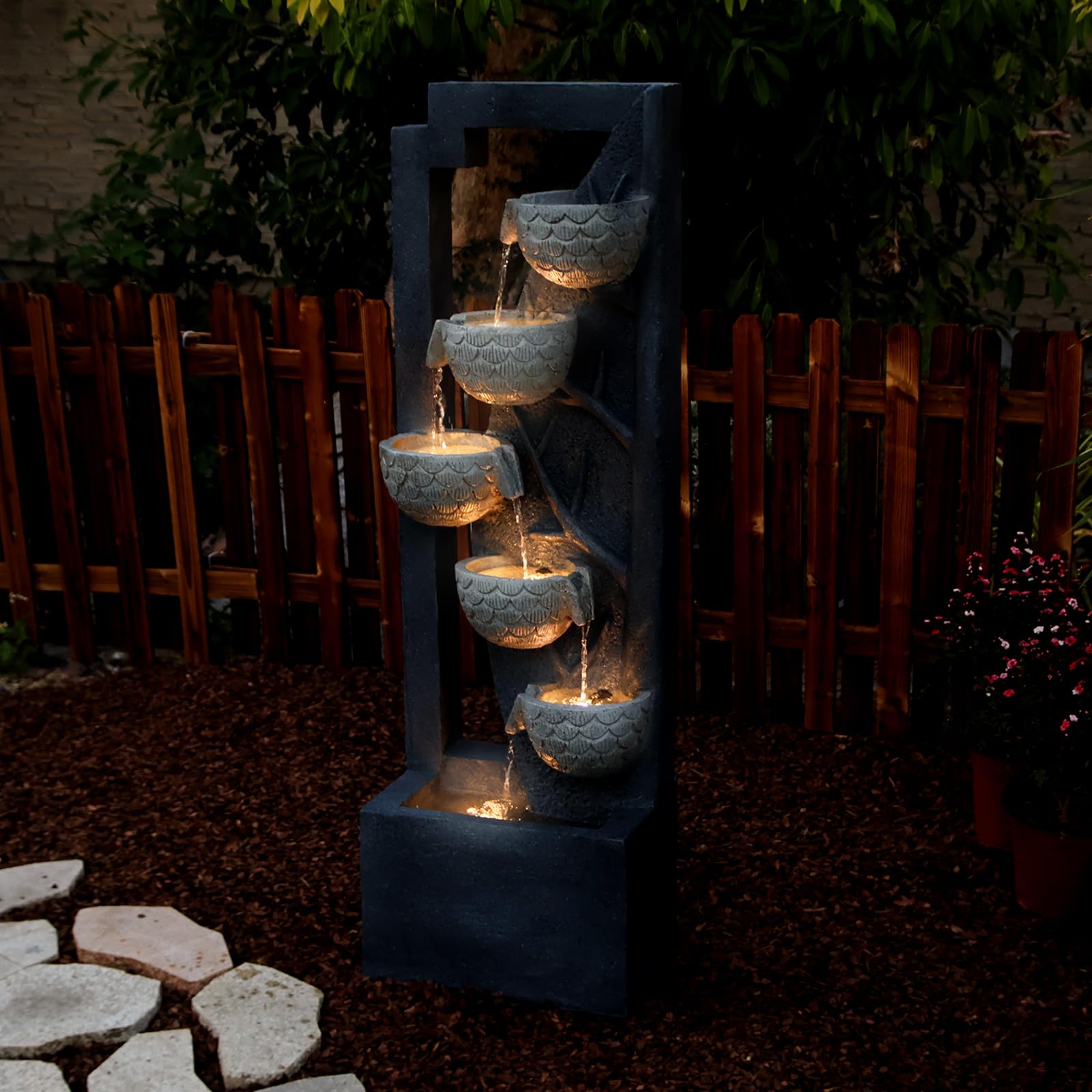 49.61’’H Waterfall Garden Fountain Outdoor 6-Tiered Modern Floor Standing Water Fall Fountains Indoor Cascading Bowl Water Feature with LED Lights Natural Stones for Living Room Office Home Decor
