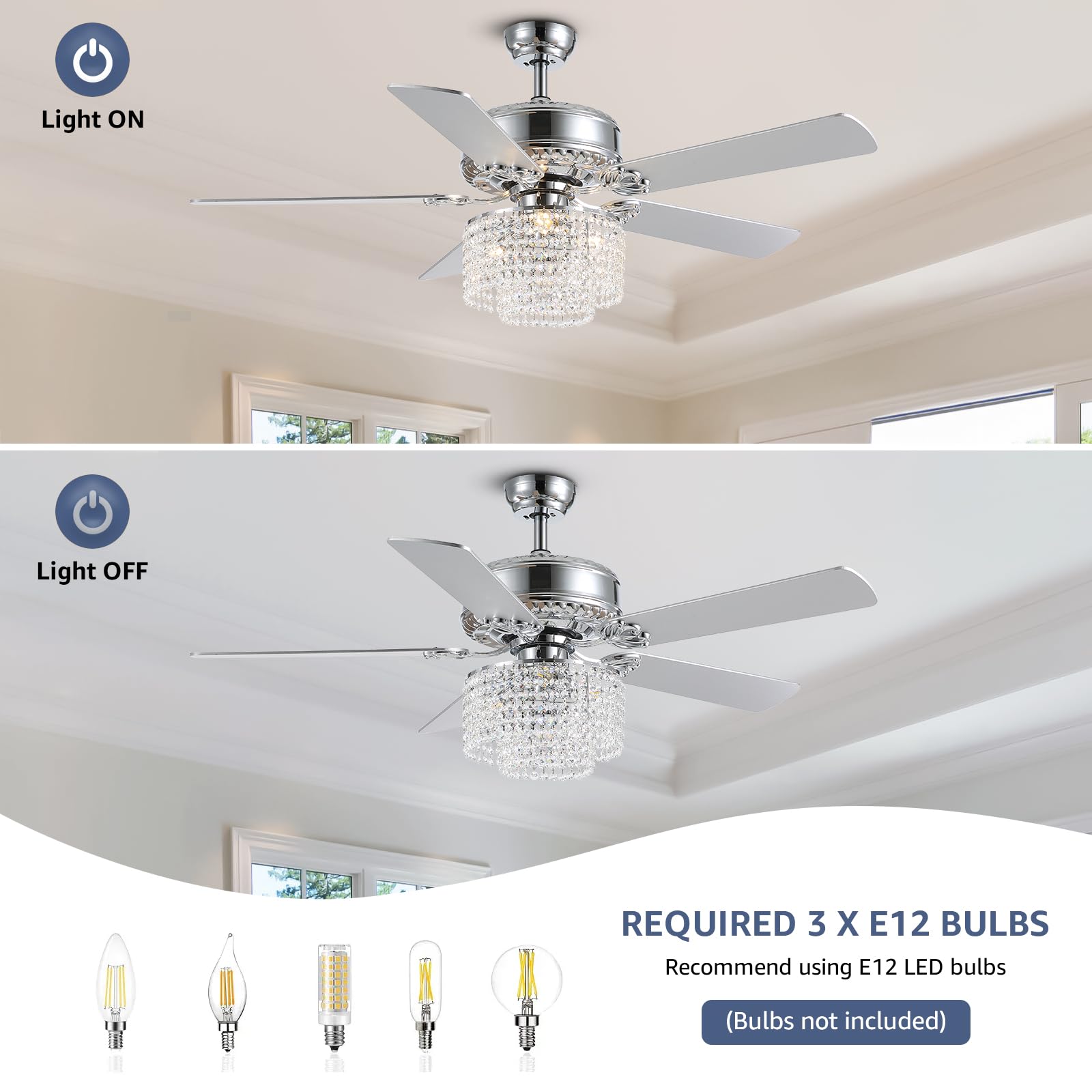 CROSSIO 52 Inch Crystal Ceiling Fan with Light and Remote Control, Modern Chandelier Fan with 5 Reversible Wood Blades Chrome Fandelier for Living Room Bedroom (Fine line Crystal-Ceiling Fan)