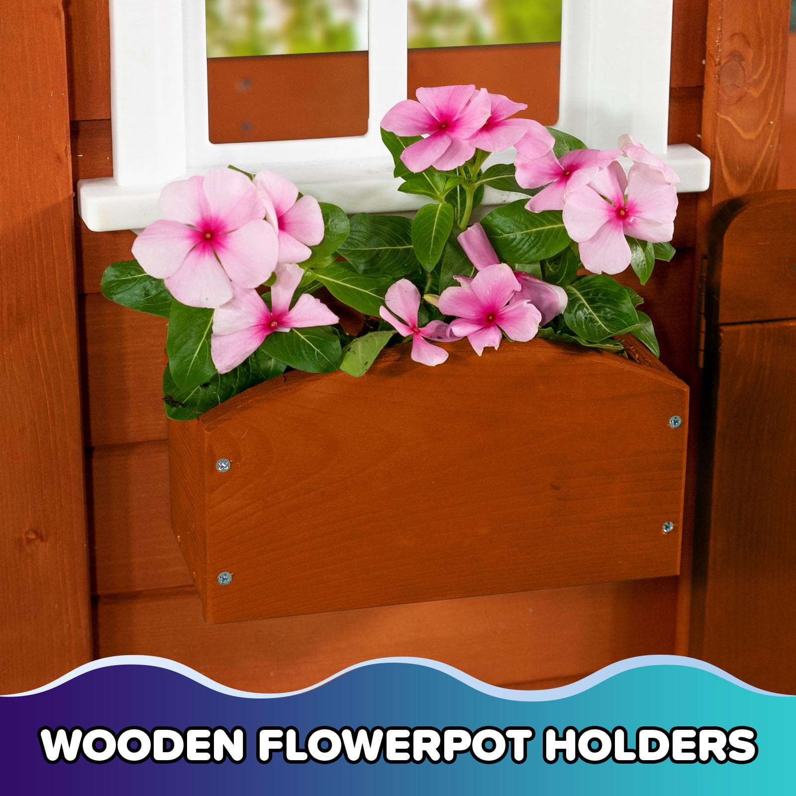 Sportspower Swing and Play Wooden Playhouse for Kids, Outdoor Backyard Playhouse with Swing, Picnic Bench, Working Door, Flower Boxes & Wooden Roof, Ages 3–8