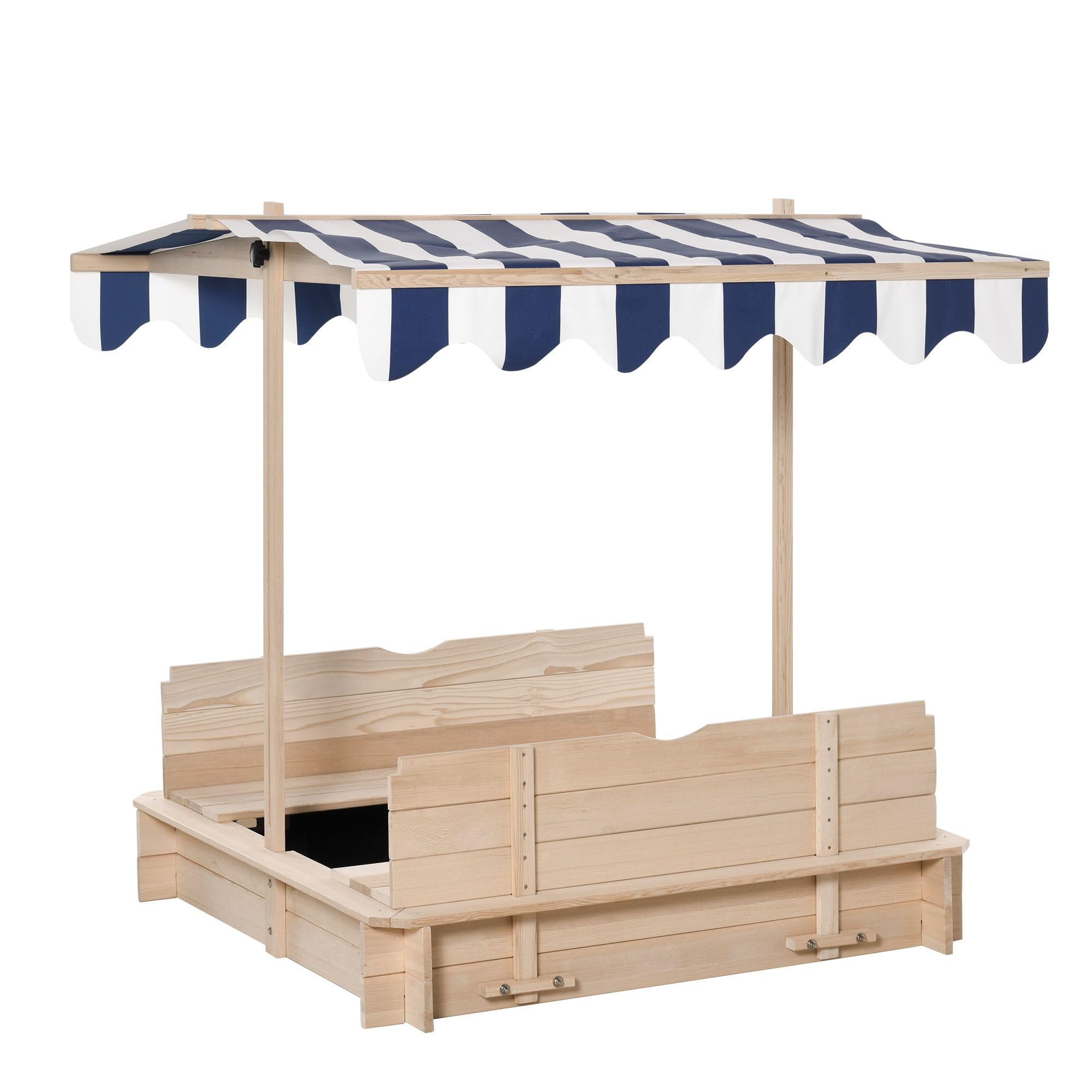 Wooden Kids Sandbox with Cover, Children Outdoor Sand Box with Foldable Bench Seats, Adjustable Canopy, Bottom Liner for Outdoor, Natural