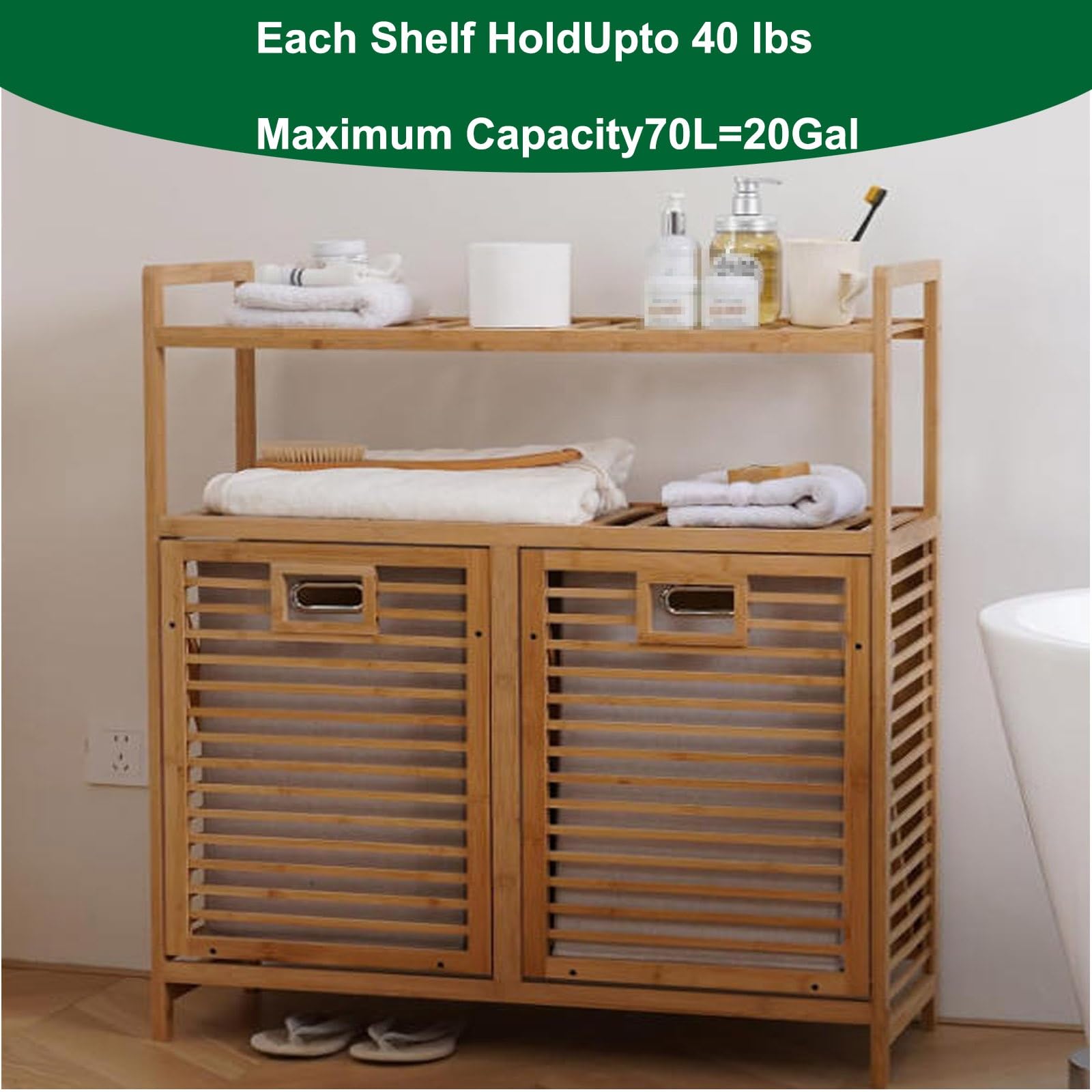 Tilt Out Bamboo Laundry Hamper Cabinet, 2 Removable 70L Bags, 2-Tier Shelves, 31.5"x11.8"x36.8" Freestanding Organizer for Bathroom Laundry Room & Bedroom