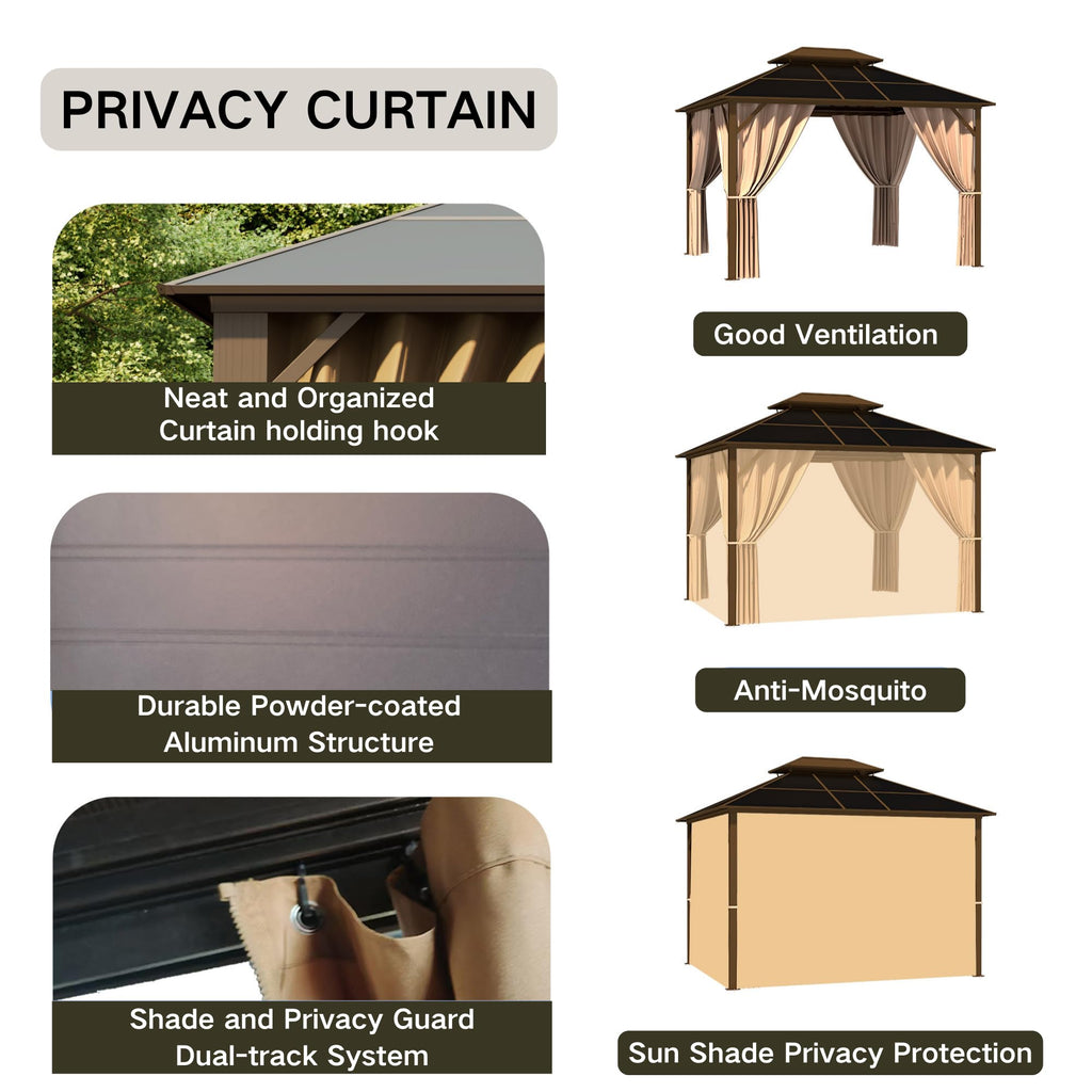 Patio Kingdom 10'x12' Hardtop Gazebo with Double Polycarbonate Roof, All Weather Aluminum Frame Outdoor Pavilion with Curtains and Netting, UV Protection for Patio, Lawn & Garden