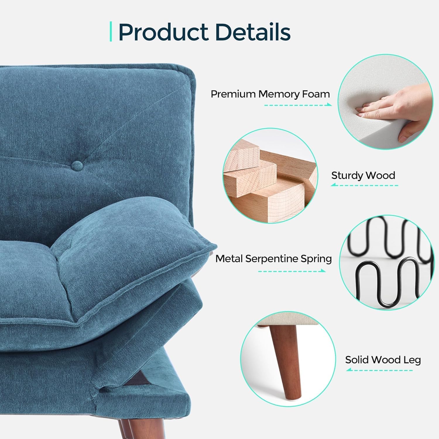 LINSY HOME Futon Sofa Bed, 70" Chenille Futon Couch with Adjustable Backrest Armrest, 3 in 1 Convertible Comfy Loveseat Sleeper Sofa Bed for Small Spaces Dorm Room Apartment Home Office（Blue）