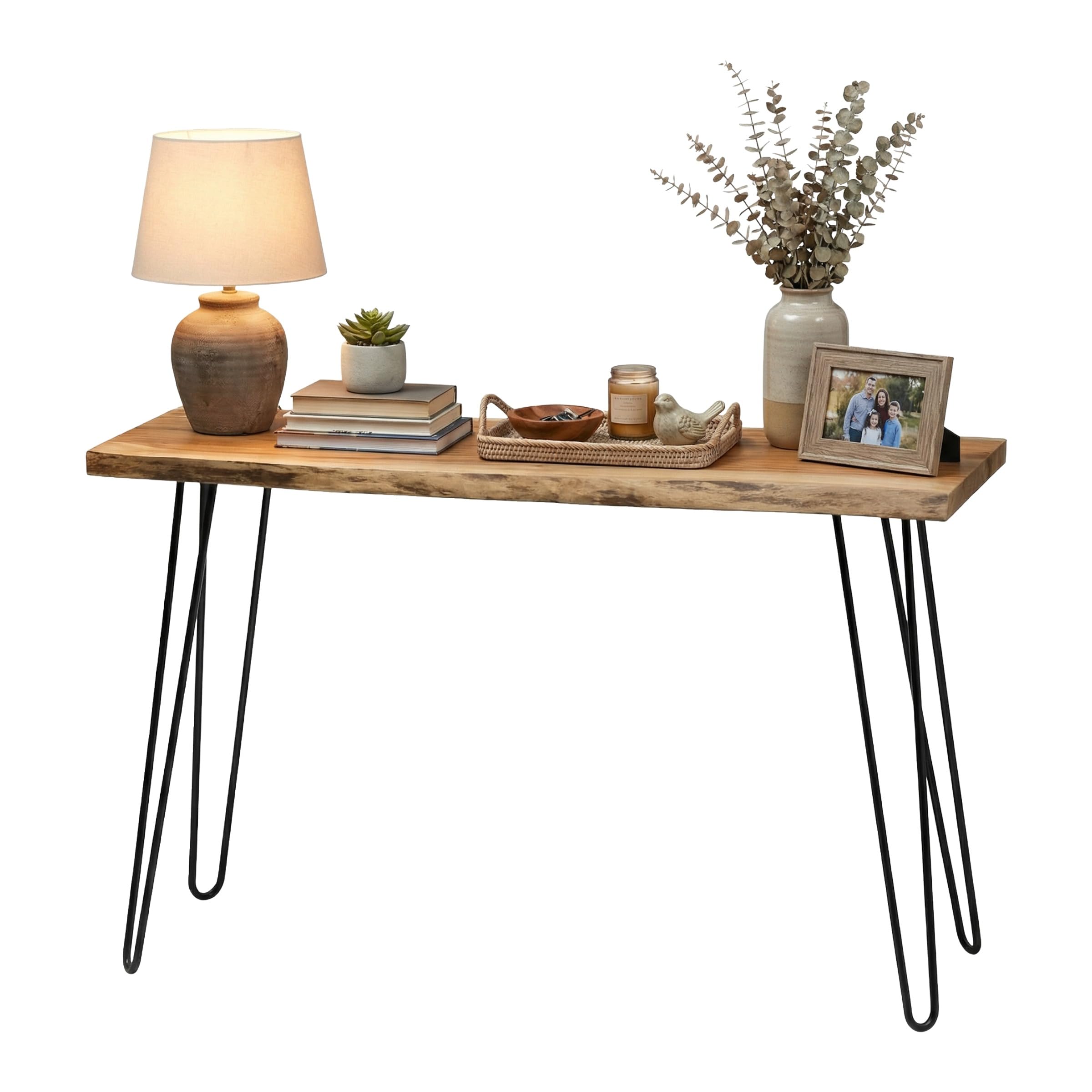 Alaterre Furniture Live Edge Wood Console Table with Hairpin Metal Legs – Rustic Solid Wood Sofa Table, Narrow Entryway Hallway Table, Industrial Farmhouse Media Console for Living Room (48 Inch)