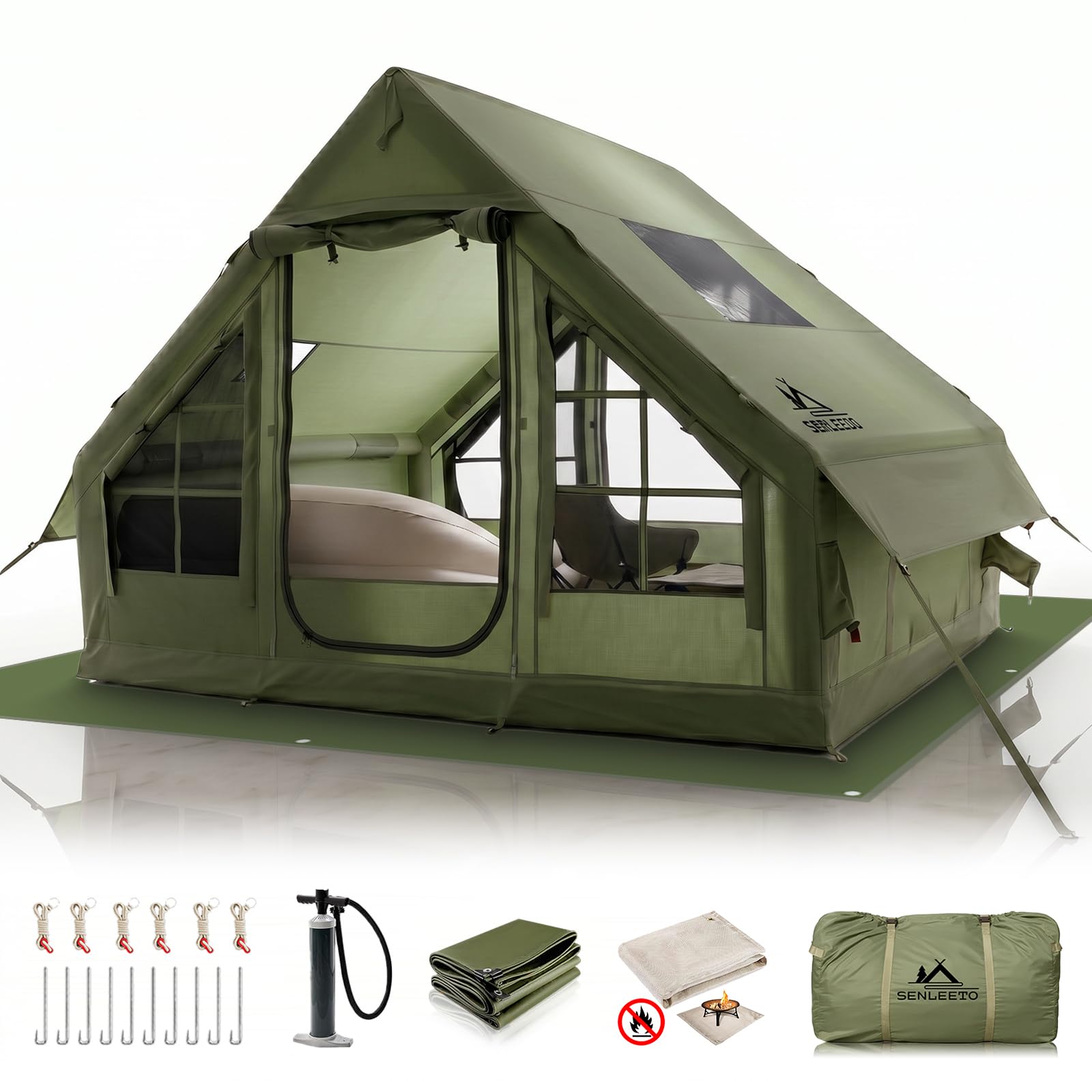 9.8' x 7' Inflatable Tents for Camping 4-6 Person, 4 Season Blow Up Tent with Waterproof & Anti-Moisture Tarp, Luxury Inflatable Hot Tent with Stove Jack for Camping Outdoors