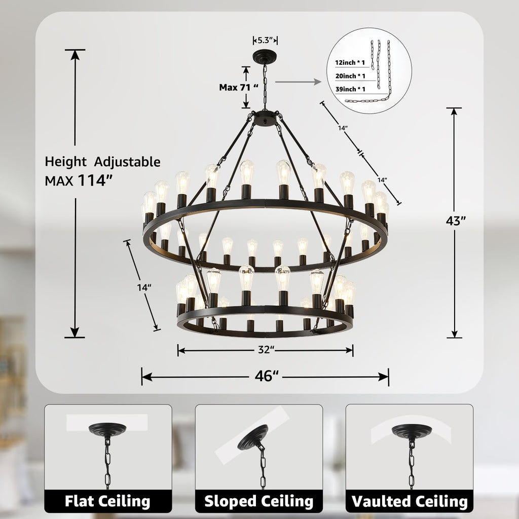 NILSE 2-Tier 48" Black Wagon Wheel Chandelier, 40-Light Extra Large Chandeliers for High Ceilings, Rustic Farmhouse Light Fixture for Living Room Stairs Foyer Entryway, E26