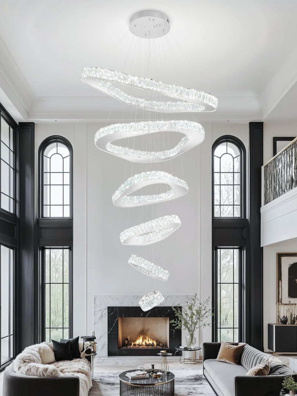 ykolupty H138 Modern Large Chandelier for High Ceiling 6-Rings Chandelier with LED Dimmable Crystal Ring Pendant Light High Ceiling Chandeliers for Living Room Foyer Entryway Silver Hanging Light