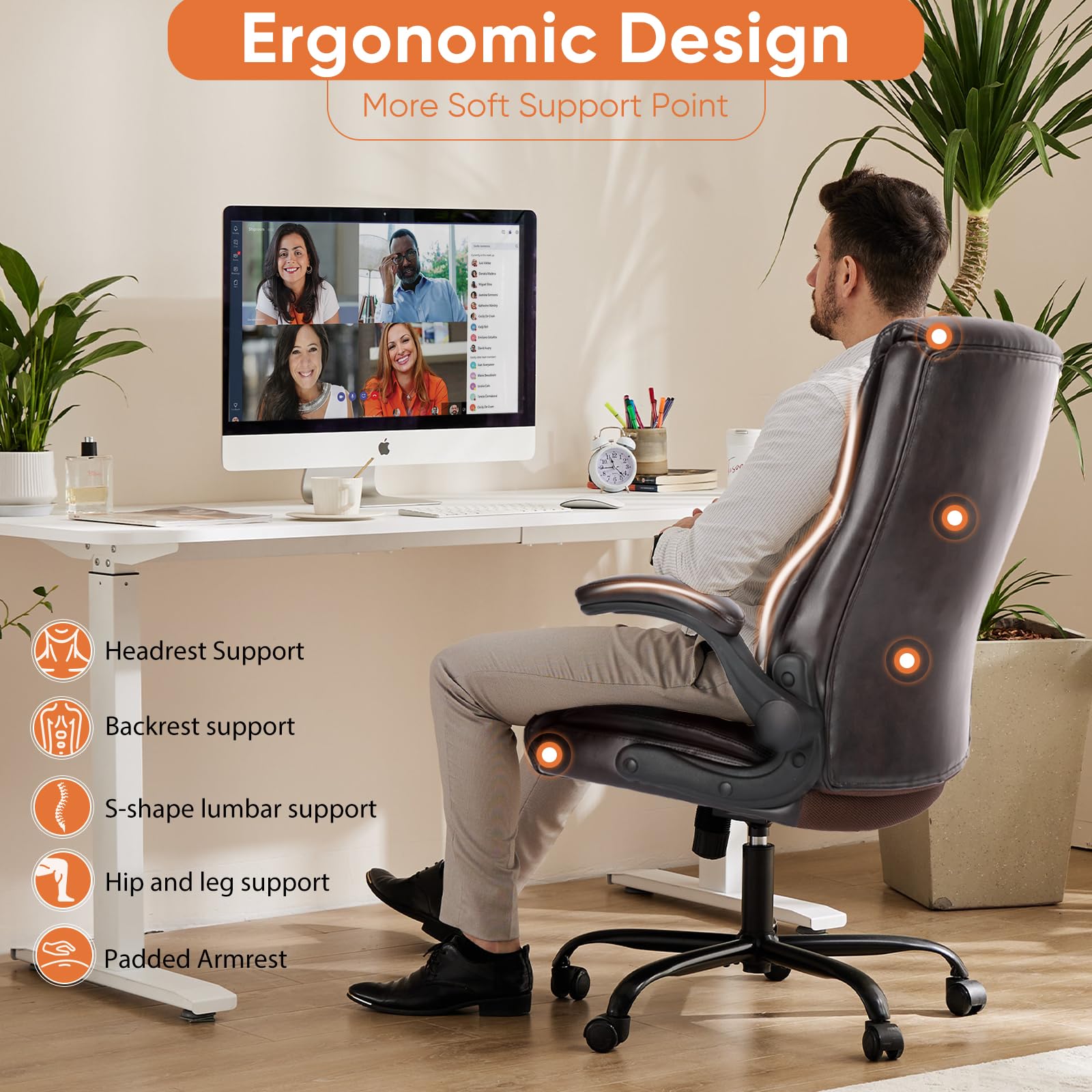 Sweetcrispy Ergonomic Computer Gaming Office Chair Set of 2, Heavy Duty Task Desk Swivel Rolling Chairs with Wheels, Flip-up Arms, Adjustable Height, PU Leather,Dark Brown