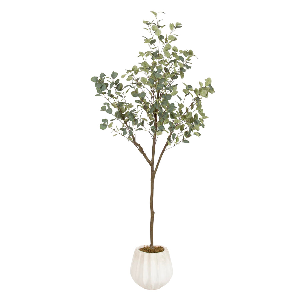 Kate and Laurel Eudora Faux Eucalyptus Tree with Claudel Scalloped Planter Pot, 6 FT, White, Potted Artificial Tree Indoor with Realistic Foliage and Added Moss, Fake Plant for Living Room Decor