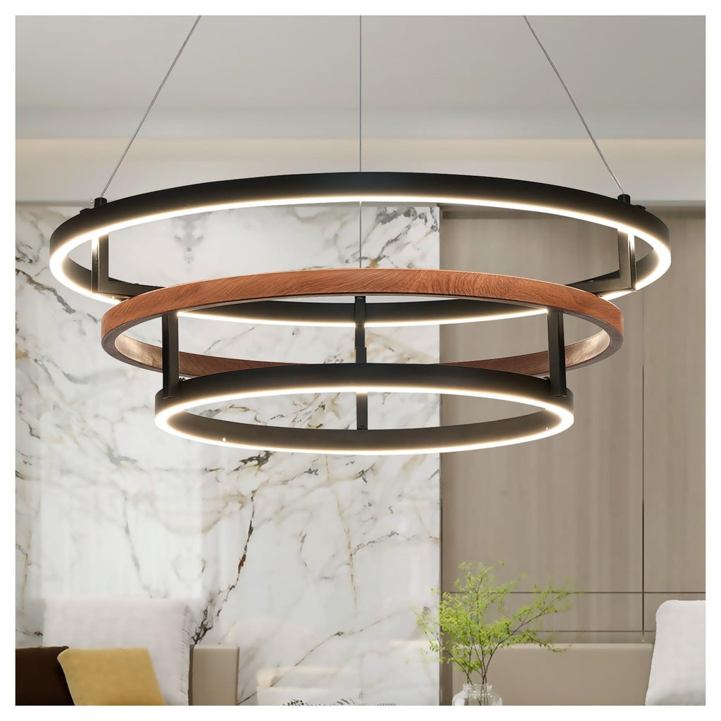Three-Ring 48-inch glod Vintage Wood-Grain Farmhouse LED Chandelier with Remote Control and dimmable Brightness, Suitable for Dining Room, Kitchen, and Living Room. (glod-48)