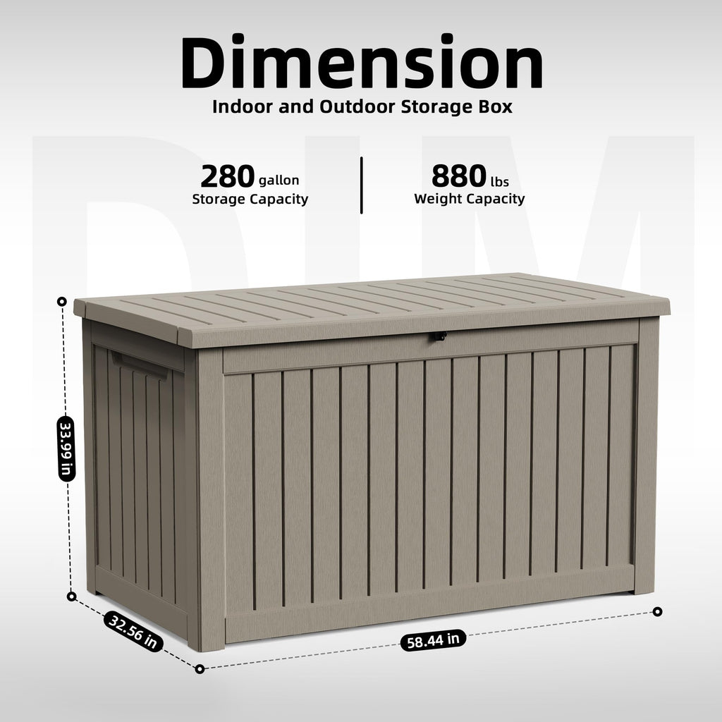 KFY 280 Gallon Outdoor Storage Box Waterproof, Resin Lockable Deck Box with Lid, Large Capacity Weatherproof Container for Patio Furniture Pool Accessories, Cushions(Grey, 280 Gallon)