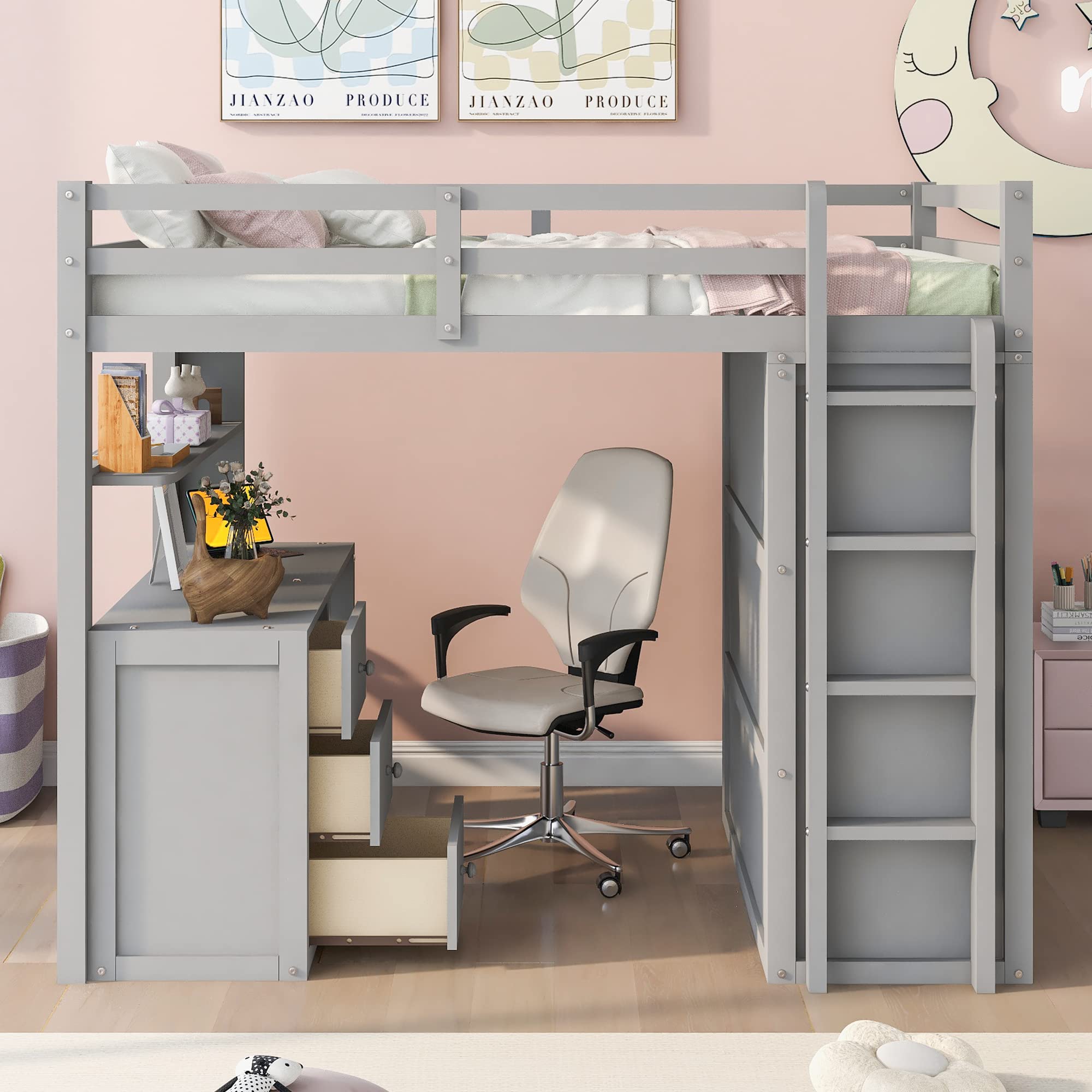 Merax Loft Bed Full Size Adult, Wooden Frame with Desk and Wardrobe, Storage Design with Drawers & Shelf, for Teen Girls & Boys(Grey)