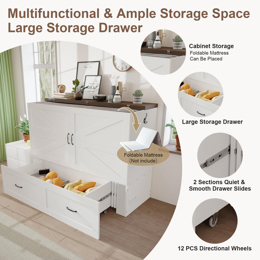 KCGKCG Murphy Bed with Storage & Charging Station, Queen Murphy Cabinet Bed with Large Storage Drawer for Guest Bedroom, Living Room, Office or Small Room, Full Foldable Platform Bed (White, Queen)