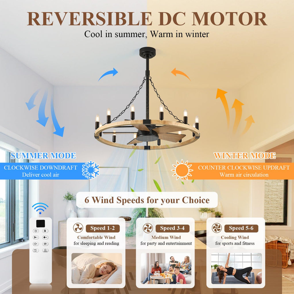 Natural Farmhouse Wood Wagon Wheel Chandelier Fans with 12 Lights and Remote, Rustic Wooden Ceiling Fan Light 36in Fandelier for Bedroom Dining Room Kitchen Living Room